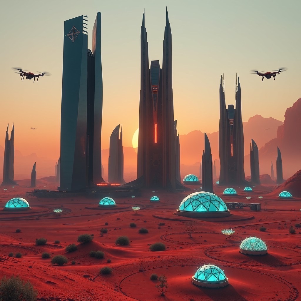 Prompt: futuristic martian cityscape with sleek skyscrapers made of glass and metal:1.3, (red dusty terrain in the foreground:1.2), (glowing domes with bioluminescent plants:1.1), (drones flying around:1.25), (sun setting behind olympus mons in the background:1.3), art inspired by (concept art from sci-fi films:1.2), (high angle shot:1.3), (wide-angle lens:1.4), (detailed 8k resolution:1.15), (ambient lighting with a reddish hue:1.25) style:futuristic-art - Seed: 89689804, Scale: 7.0, Steps: 40