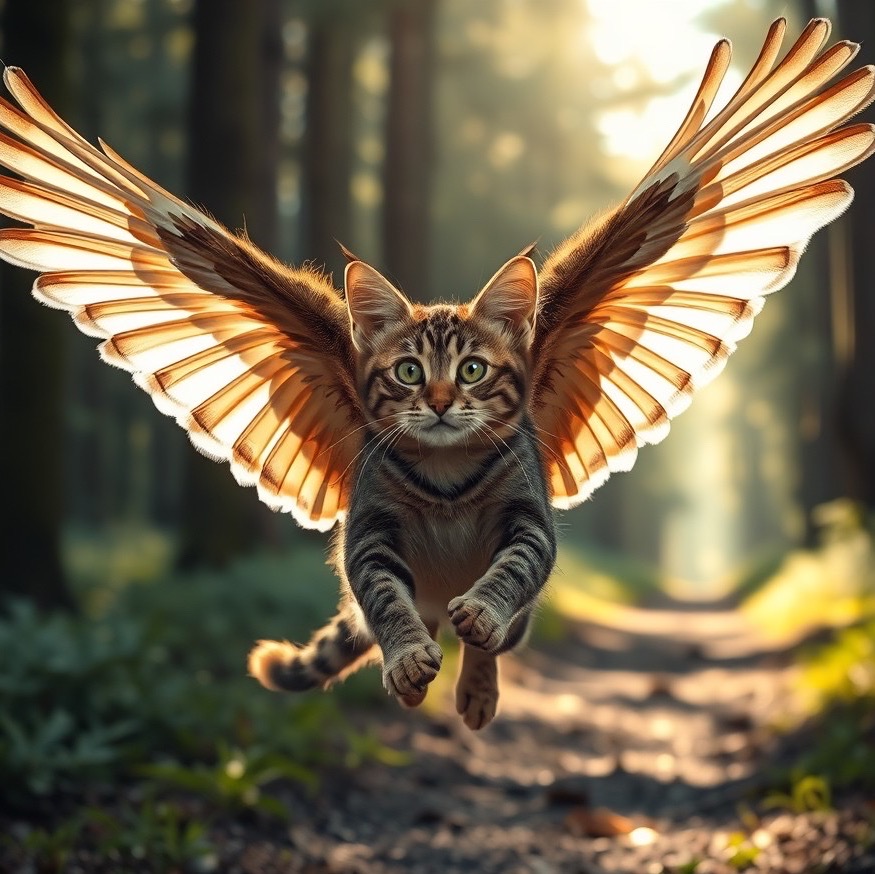Prompt: A dynamic shot of a tabby cat with large, majestic wings, mid-flight through a forest path, with sunlight filtering through the trees | highly detailed fur and feathers, intense focus, magical realism, photorealistic | natural lighting - Seed: 222420185, Scale: 7.0, Steps: 40