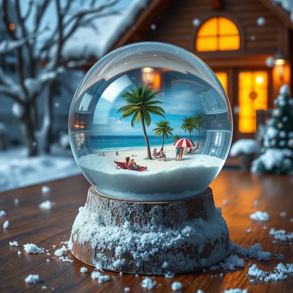 Prompt: a photorealistic snow globe showcasing a florida beach scene inside: the globe features vivid details of palm trees, sandy shores, and cheerful beachgoers, all encased in sparkling snow. the backdrop includes a cozy winter house with warm light glowing from the windows, and snow gently falling around it. the globe is placed on a beautifully crafted wooden surface, enhancing the contrast between the summer paradise and the winter warmth. camera shot: close-up with a 50mm lens, capturing the intricate textures of both scenes. style: photorealistic and vibrant (photorealistic:1.3), reminiscent of high-quality digital art and detailed winter landscapes. - Seed: 493290744, Scale: 7.0, Steps: 40