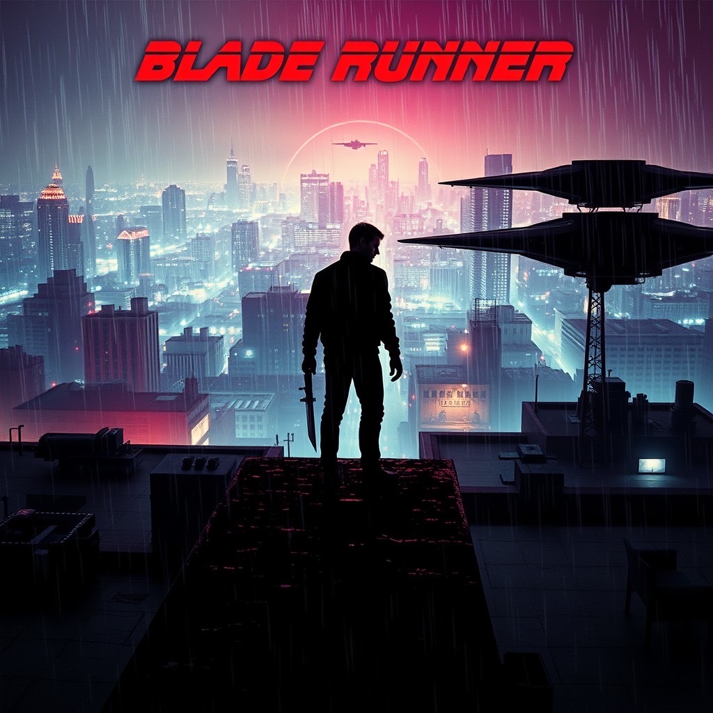 Prompt: a movie poster for 'blade runner': a haunting and atmospheric scene set in a neon-lit future los angeles, featuring the iconic silhouette of a blade runner with rooftop cityscapes and hovering vehicles in the background. environment: an urban outdoor landscape bathed in rain, with striking reflections and dramatic lighting. camera shot: mid-shot capturing the figure against the sprawling city with a 35mm lens, high angle view to impart a sense of scale. style: cyberpunk, noir, and atmospheric (futuristic:1.5), (neon lighting:1.4), (melancholic:1.3), influenced by dystopian art and classic science fiction imagery. - Seed: 923403447, Scale: 7.0, Steps: 40