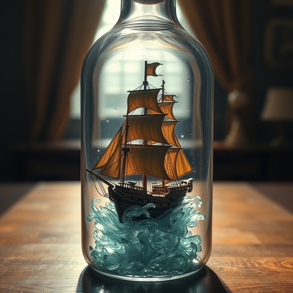 Prompt: an intricately detailed warship trapped inside a glass bottle: the ship features ornate sails and weathered wood, surrounded by swirling waves made of glass shards. the setting is a dimly lit room with soft golden light illuminating the bottle, creating a tranquil atmosphere. camera shot: close-up using a 50mm lens, capturing the textures of the ship and the reflections in the glass. style: whimsical and meticulous (meticulous:1.3), inspired by classic maritime art and vintage illustrations. - Seed: 826651453, Scale: 7.0, Steps: 40