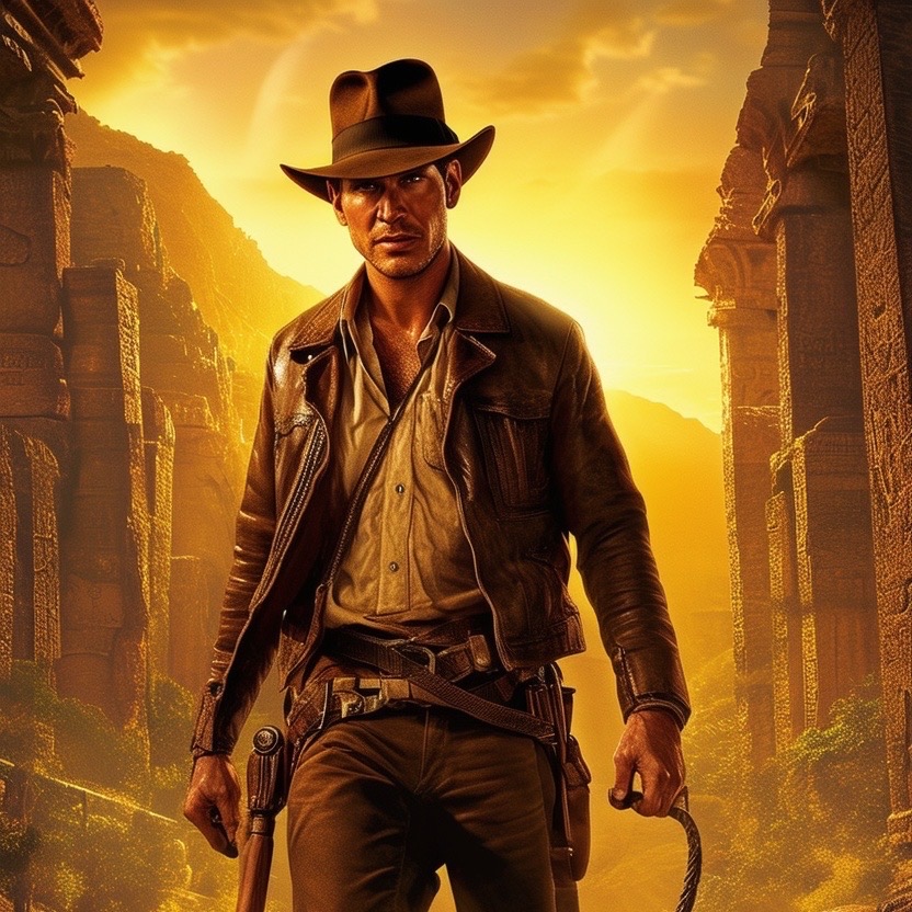 Prompt: a movie poster for 'indiana jones': a thrilling and adventurous depiction of indiana jones in his iconic fedora and leather jacket, poised with a whip amidst a dramatic archaeological setting filled with ancient ruins and mysterious artifacts. environment: an outdoor scene with exotic landscapes under golden sunset lighting, suggesting adventure and danger. camera shot: dynamic mid-shot focusing on indiana jones with a 50mm lens, highlighting his determination and charisma. style: adventurous, classic, and vibrant (action-packed:1.5), (nostalgic:1.3), (epic adventure:1.2), inspired by classic adventure films and pulp magazine covers. - Seed: 208702616, Scale: 7.0, Steps: 40