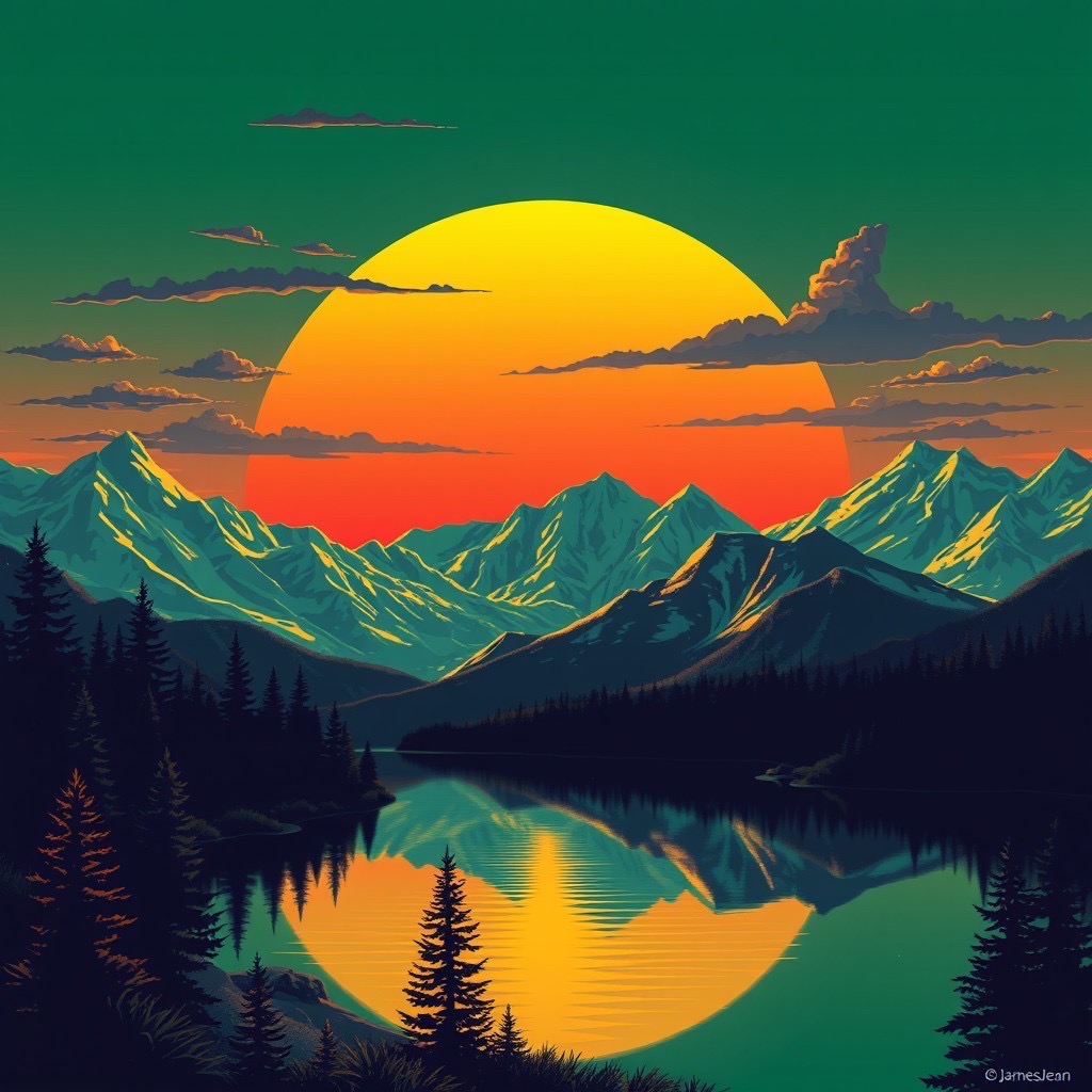 Prompt: 80s chrome and steel Retro Sunset, Mountain Lake scene, green, gold, illustration, inspired by James Jean 80s chtome and steel Retro Sunset, Mountain Lake scene, green, gold, illustration, inspired by James Jean - Seed: 991714965, Scale: 7.0, Steps: 40