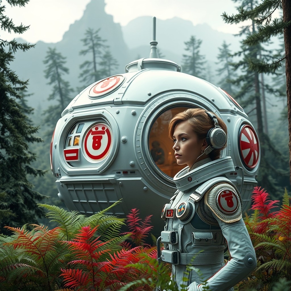 Prompt: Detailed intricate capsule corp structure from Dragon Ball in beautiful Endor forest, a gorgeous woman with a modern astronaut suite, white plastic and red symbols, carved detailed windows with refractions, rounded, retrofuturist, ferns and exotic alien multicolor plants, detailed landscape, national geographic 8k photo, detailed photography - Seed: 785664375, Scale: 7.0, Steps: 40