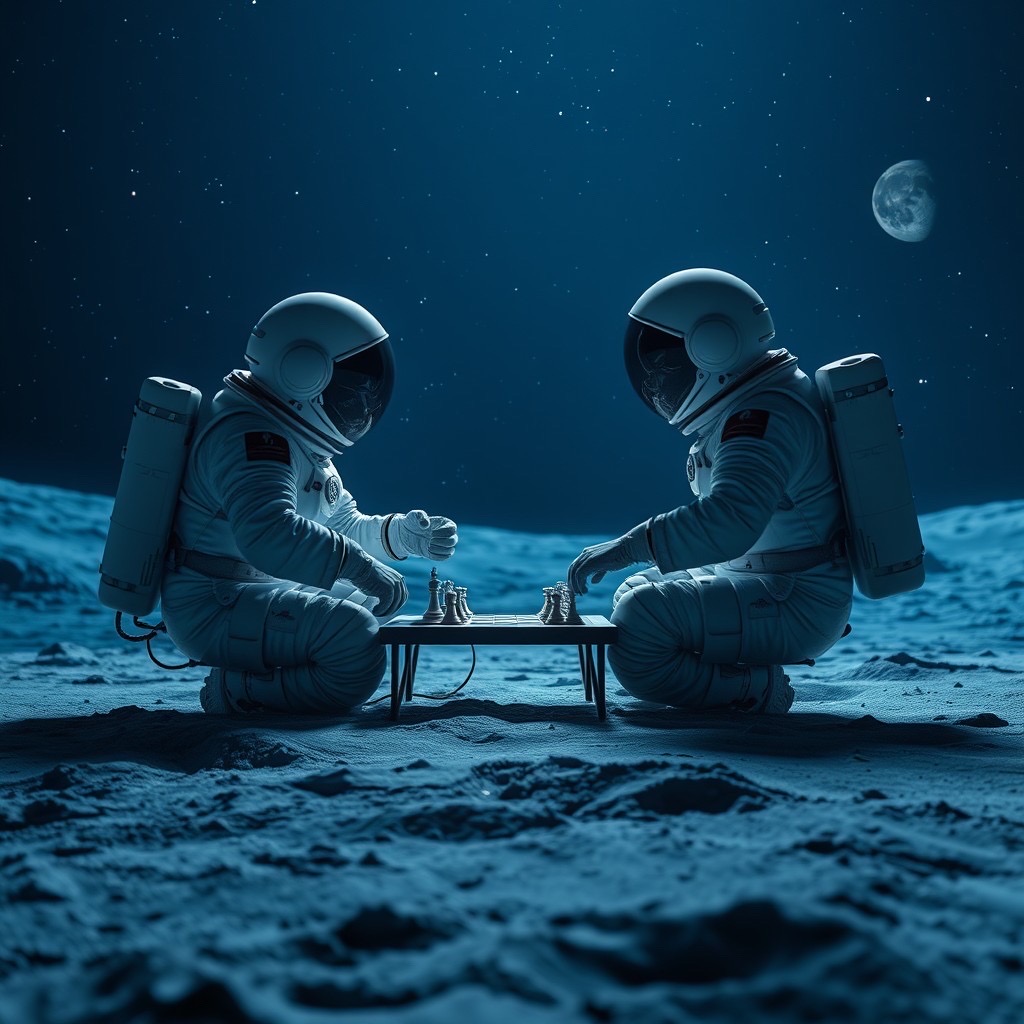Prompt: surreal scene of (two astronauts engaged in a game of chess:1.5), (set against an expansive indigo space backdrop with stars:1.4), (moon surface showing intricate dust patterns:1.3), (soft glow of distant planets visible:1.2), captured with a (medium shot to emphasize the interaction:1.3), (35mm lens for enhanced depth:1.2), (hyper-detailed elements for a captivating view:1.4), style:digital-art - Seed: 239749001, Scale: 7.0, Steps: 40