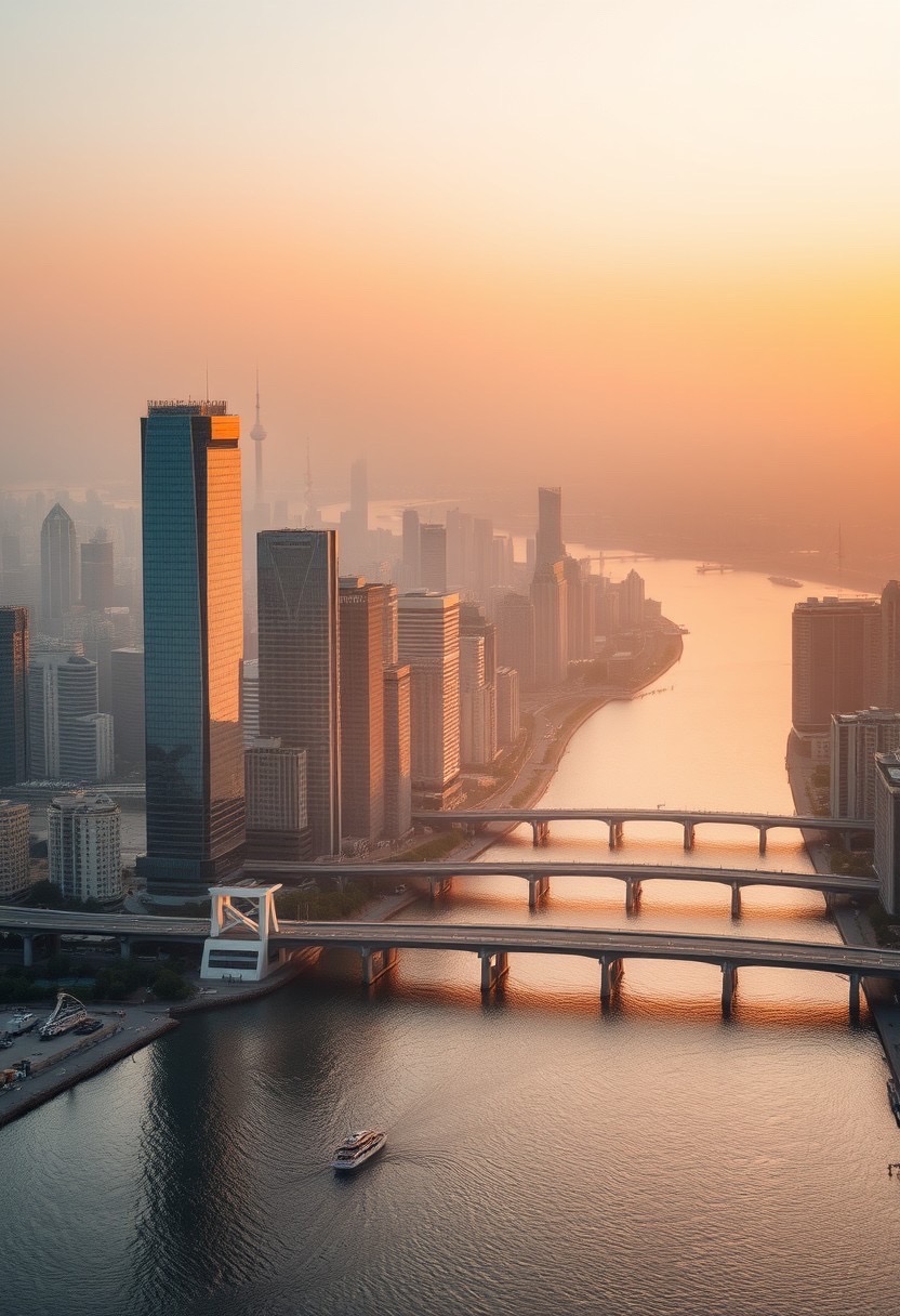 Prompt: An aerial view of a modern city along a river at dawn, with warm sunlight reflecting off skyscrapers and calm waters | realistic texture, soft gradients, serene atmosphere, subtle haze | shot on a DJI drone | photorealistic | dawn lighting - Seed: 328792008, Scale: 7.0, Steps: 40