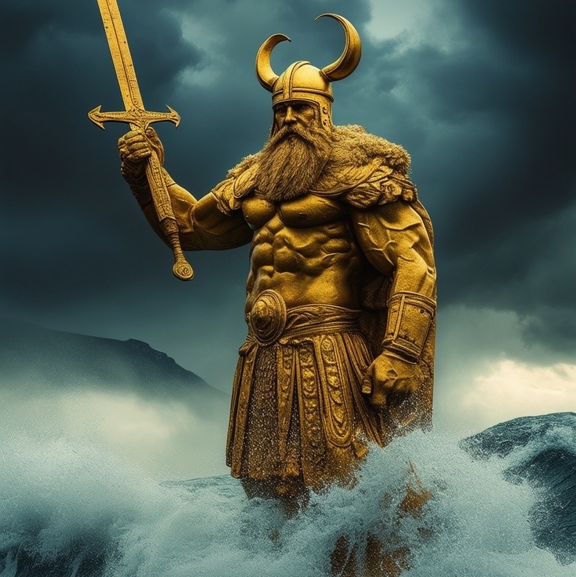 Prompt: a gigantic golden statue of a muscular viking, resembling ancient warriors, towers in the midst of a stormy danish fjord. the statue brandishes a massive sword pointing dramatically to the dark sky, with ominous clouds swirling overhead, casting shadows on the water. the turbulent waves crash against the statue's base, heightening the tension of the scene. camera shot is a low angle close-up with a 50mm lens, emphasizing the imposing figure against the chaotic backdrop. style: dramatic, somber, intricate (stormy:1.3), (golden:1.2). - Seed: 198916707, Scale: 7.0, Steps: 40