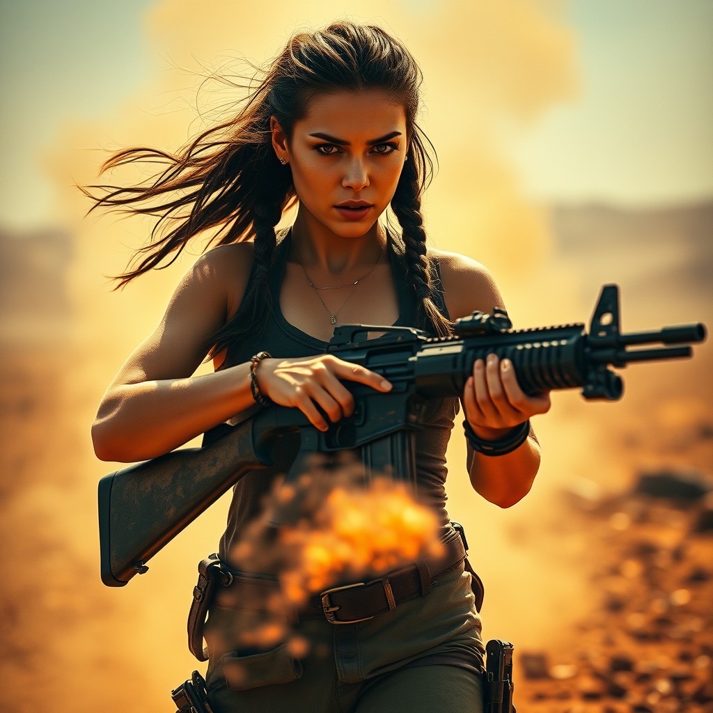 Prompt: Movie poster of an action scene with the female lead character in a post-apocalyptic wasteland, holding a large rifle and surrounded by swirling dust and embers. She has braided hair, and her face is tough yet beautiful. She's standing on a scorched desert landscape. High-resolution photography, a bokeh effect, depth of field, cinematic lighting, vibrant colors, professional color grading, an epic shot, film grain, volumetric light, centered composition - Seed: 293562159, Scale: 7.0, Steps: 40