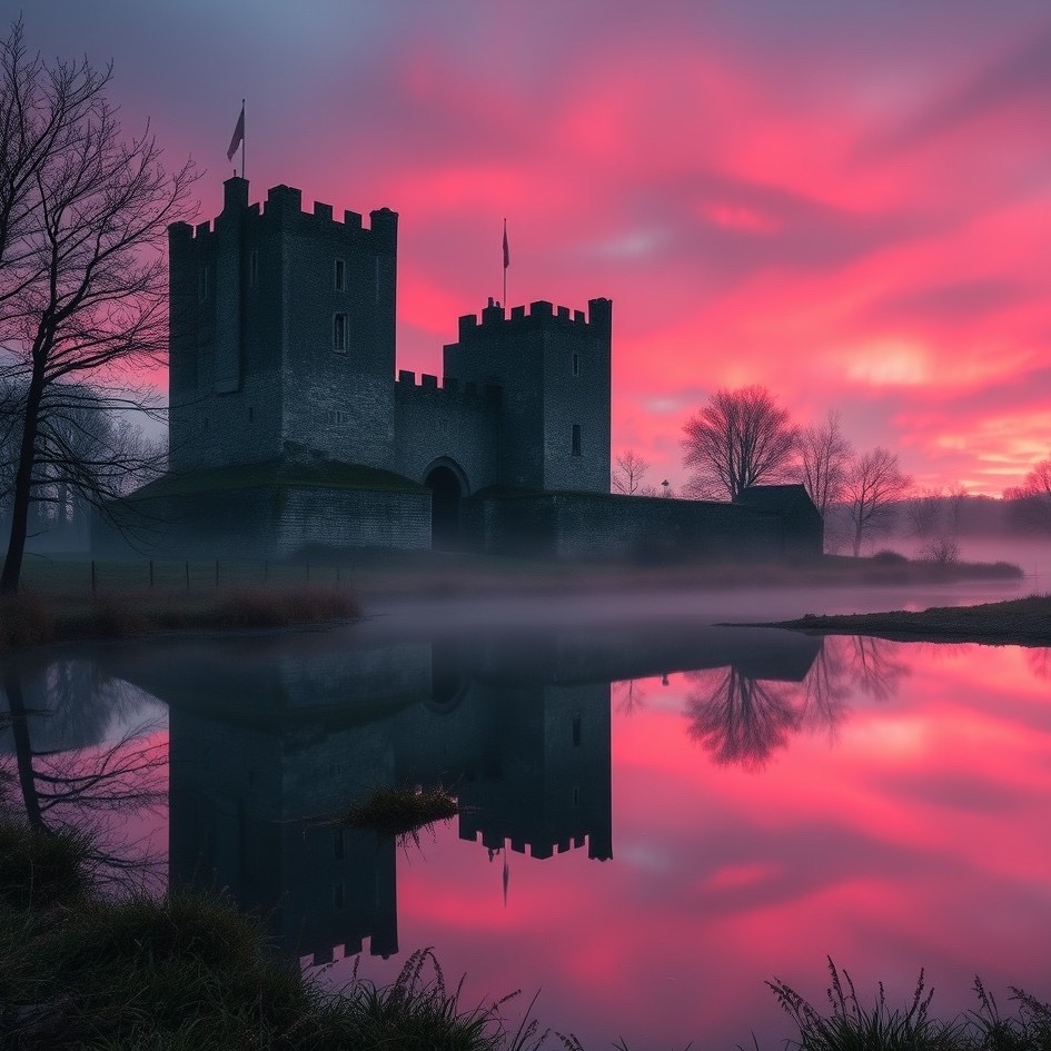 Prompt: Aurora Reflections around an ancient castle, a style capturing the magic of dawn, with reflections and shades in rose red and misty grey - Seed: 843397278, Scale: 7.0, Steps: 40