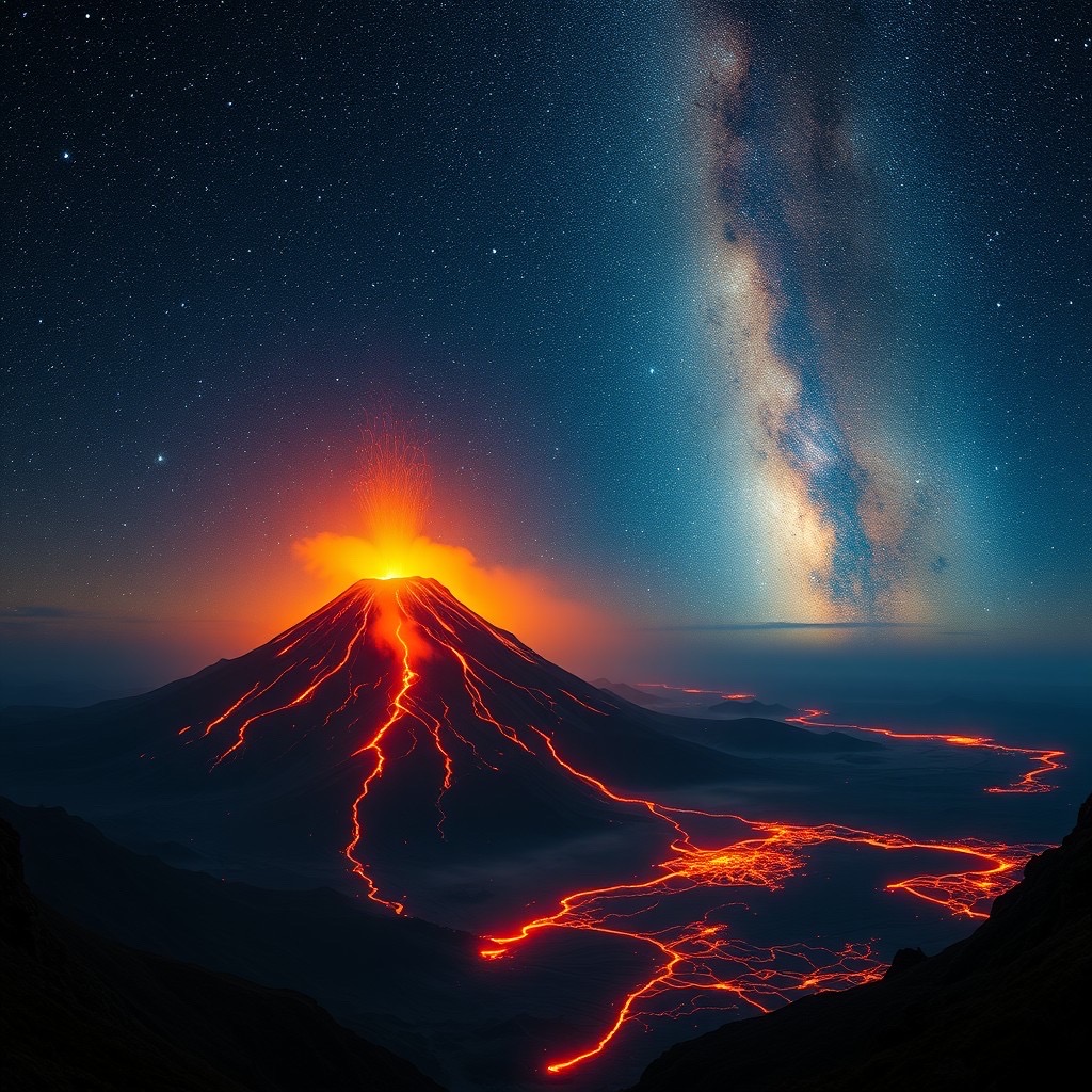 Prompt: majestic view of a (glowing volcano erupting under a starry night sky:1.3), (lava flowing down the slopes, illuminating the surroundings:1.2), (a blanket of stars glittering above, with the milky way visible:1.1), (panoramic shot capturing the grandeur of the scene:1.3), art inspired by (stellar landscapes and volcanic eruptions:1.2) aspect:16:9 style:fantasy-art - Seed: 337151696, Scale: 7.0, Steps: 40