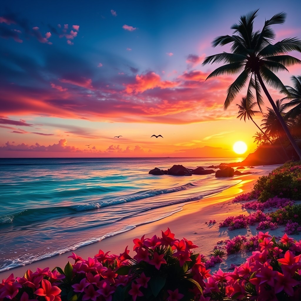 Prompt: Tropical paradise beach during twilight, vibrant pink and orange flowers scattered along the beach, warm turquoise water reflecting the colors of the sunset, a bright sunset with deep purple and blue hues, palm trees swaying gently, and a few birds flying in the sky --ar 16:9 - Seed: 294214377, Scale: 7.0, Steps: 40