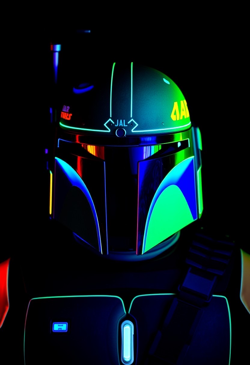 Prompt: Boba Fett the mandalorian portrait, UV lighting, black light, glowing effects, ultraviolet, UV light, ultra-violet light, fluorescence, phosphorescence, glowing, radiant, luminous, glow - Seed: 528403584, Scale: 7.0, Steps: 40