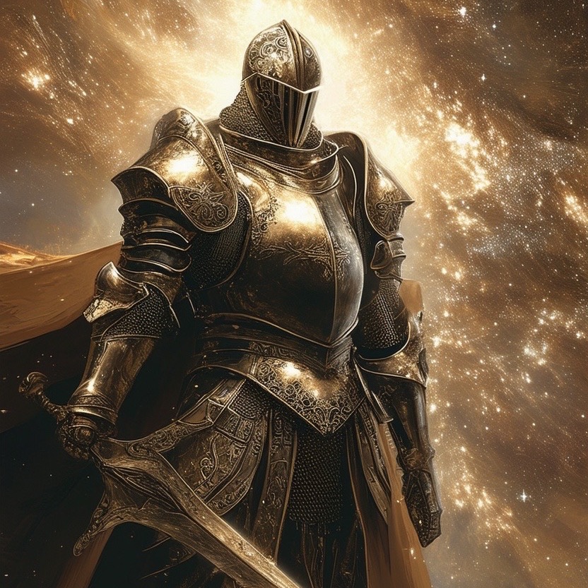 Prompt: the astral knight in 'Cosmic Renaissance', a style that fuses Renaissance art principles with cosmic and astral themes, in umber renaissance and starlight white cosmic --style raw --ar 2:3 - Seed: 136416836, Scale: 9.87, Steps: 30