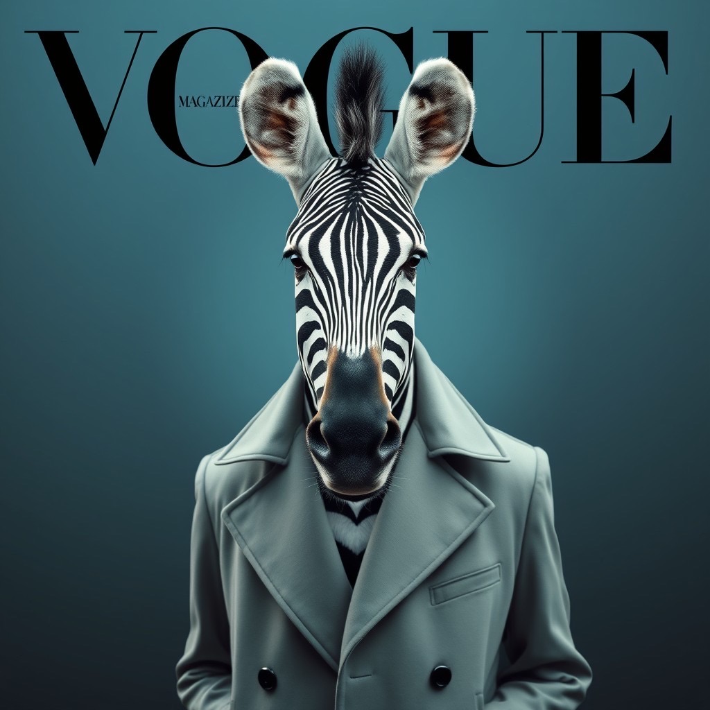 Prompt: Vogue Magazine cover of a zebra in a candid pose wearing a sleek, tailored coat, front angle, studio lighting with a charcoal and icy blue gradient background, photorealistic, modern look, higly-detailed - Seed: 611546770, Scale: 7.0, Steps: 40