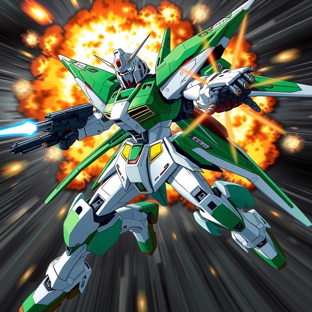 Prompt: dynamic pose of gundam dynames in mid-action, (green and white armor with intricate mechanical details:1.3), (laser beams shooting from its rifle:1.2), (explosions in the background:1.1), (highly stylized with dramatic motion blur:1.25), art inspired by (mecha anime series:1.3), (close-up shot:1.4), (35mm lens:1.2), (high resolution, cinematic look:1.3), (epic lighting highlighting the armor:1.25) style:anime - Seed: 369244286, Scale: 7.0, Steps: 40