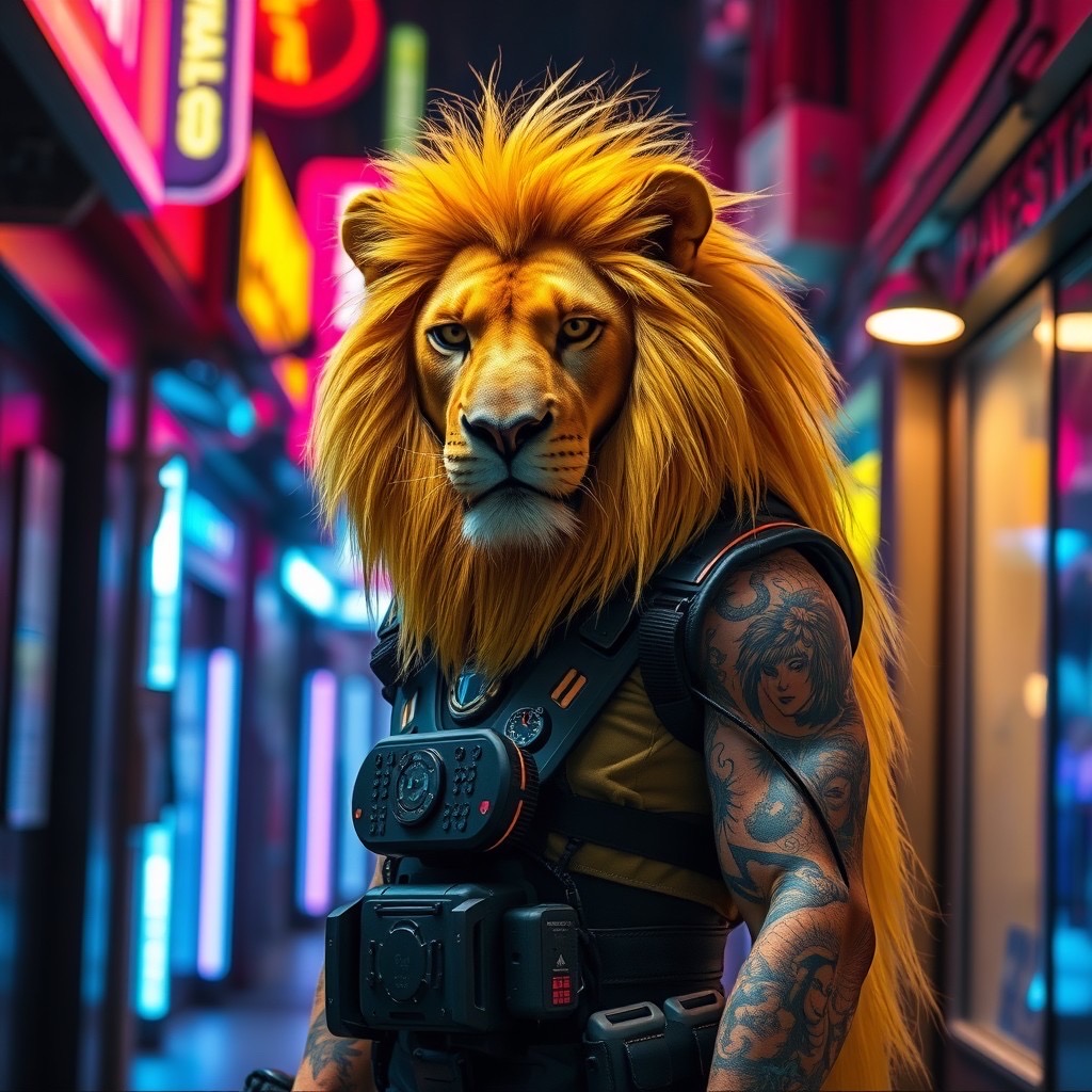 Prompt: cyber Lion man with bright yellow fur, featuring intricate biopunk tattoos on his arms, standing in a dark alley filled with neon lights, displaying advanced biotechnology gadgets attached to his outfit - Seed: 830027550, Scale: 7.0, Steps: 40