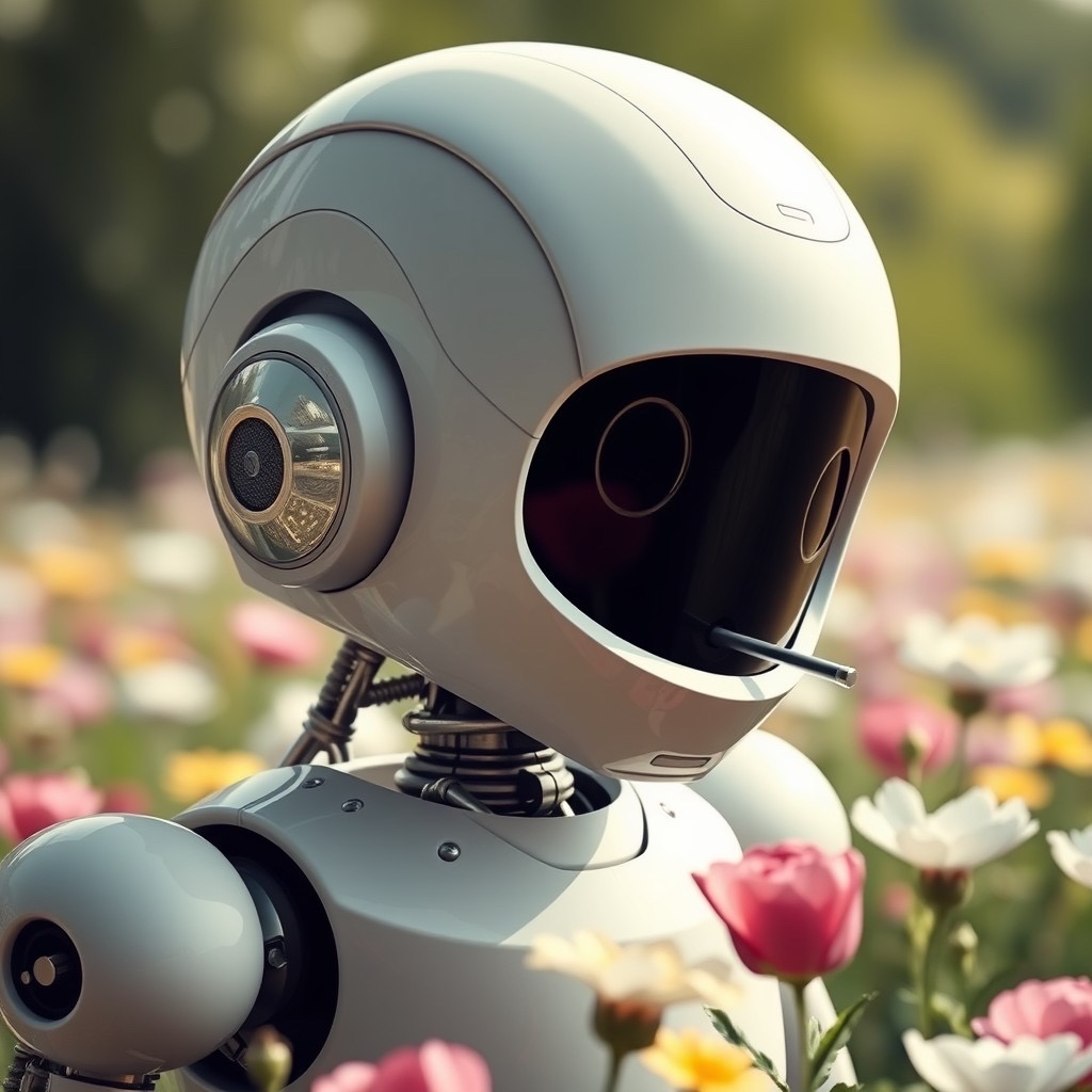 Prompt: Robot with a ear in his mouth in a flower field - Seed: 880582954, Scale: 7.0, Steps: 40