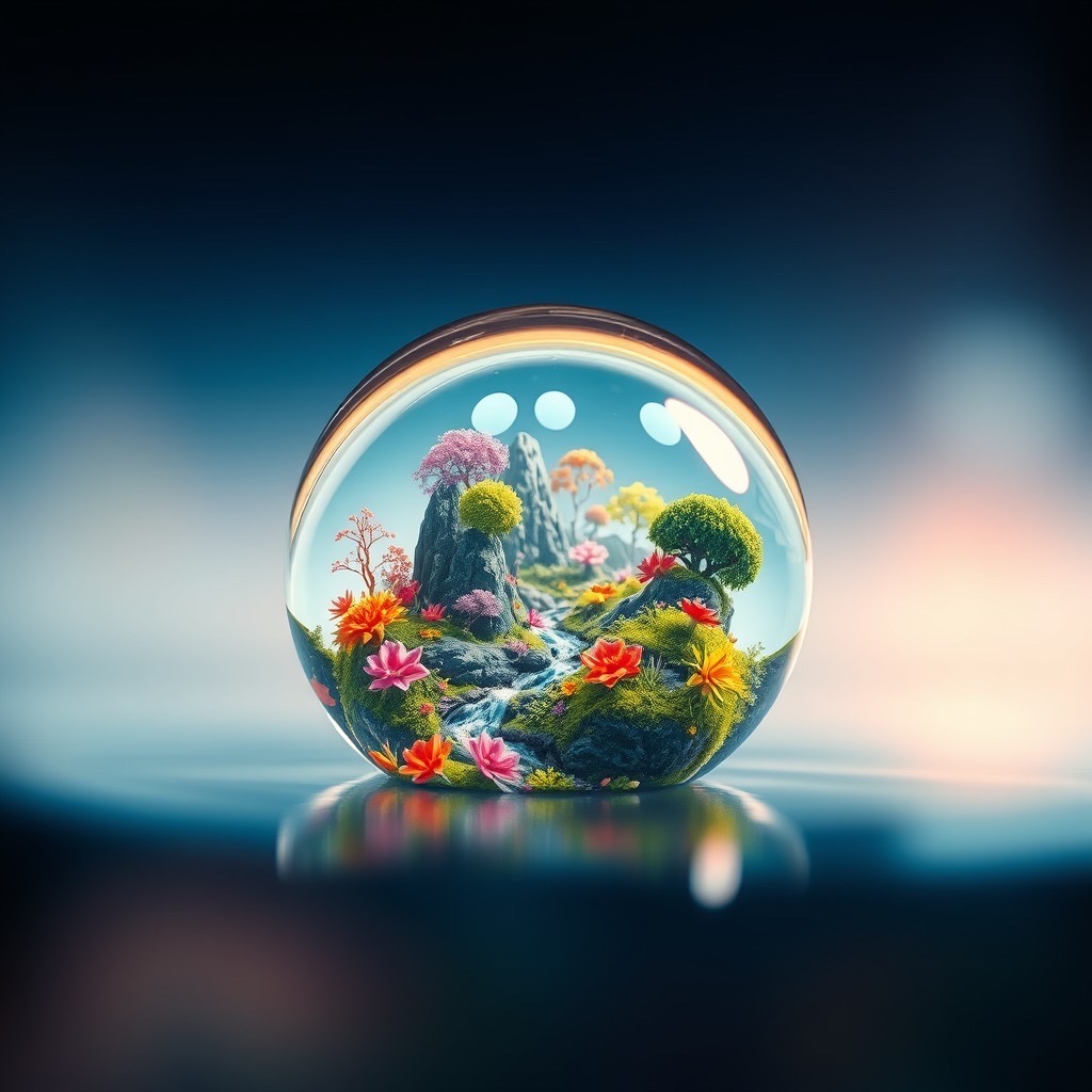 Prompt: a surreal world inside a drop of water: intricate landscapes with vibrant flora and fauna, soft light reflecting off the curved surface of the droplet, emphasizing the tiny ecosystems thriving within. camera shot: close-up with a macro lens (100mm), featuring a low angle view to highlight the depth of the drop. style: ethereal and vibrant (vibrant:1.2), reminiscent of artstation and the works of surrealistic artists. - Seed: 390437148, Scale: 7.0, Steps: 40