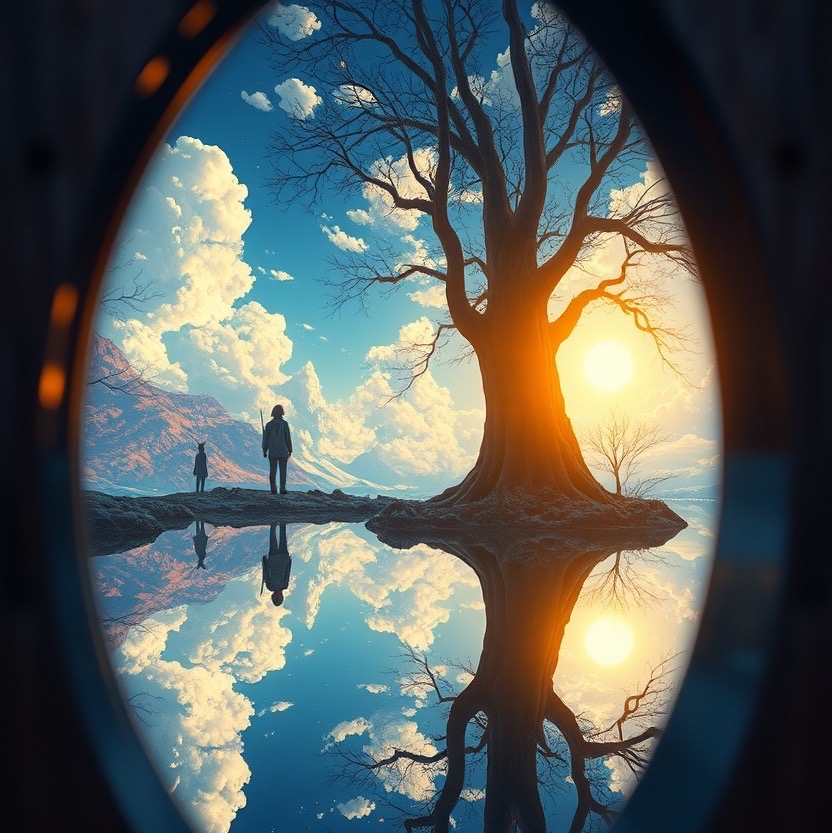 Prompt: a fantasy mirror world full of reflections seen through a keyhole, inspired by makoto shinkai's scenic masterpieces, style:cinematic - Seed: 219138040, Scale: 7.0, Steps: 50