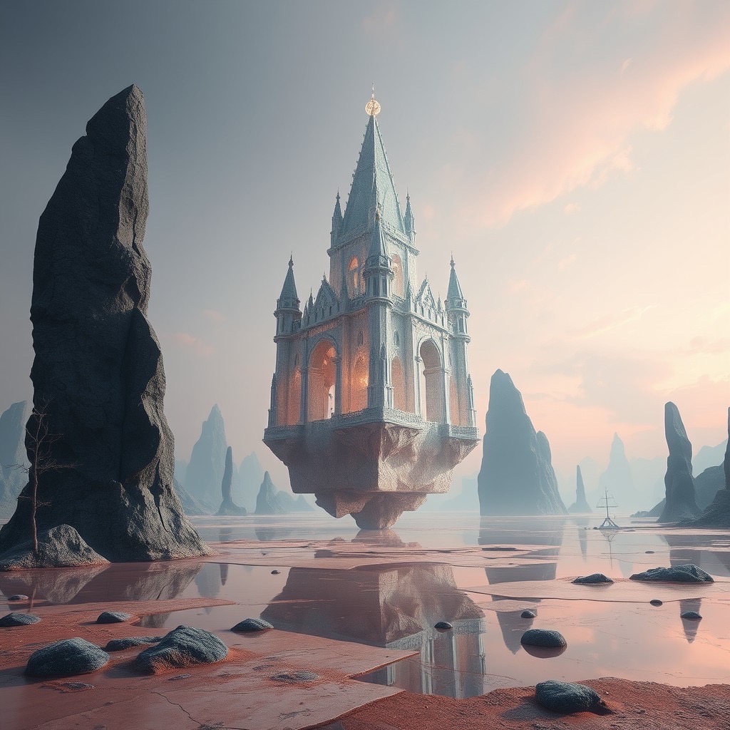 Prompt: a surreal landscape featuring a floating crystal castle as the central element, set in an ethereal environment with soft light and a muted color palette of dusty rose and slate blue. the scenery includes abstract forms and distorted reflections, evoking hidden meanings and dreams. camera shot: panoramic, with a 24mm lens, capturing a low angle view of the castle. style: dreamcore symbolism, with intricate details and an otherworldly ambiance. - Seed: 439339597, Scale: 7.0, Steps: 40