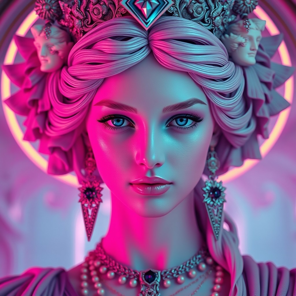 Prompt: a portrait of a goddess, featuring classical elements juxtaposed against 80s retrofuturism, set in an ethereal environment with soft lavender and vibrant neon pink lighting. the artwork showcases intricate details and opulent, surreal elements in a vaporwave baroque style. camera shot: close-up, using a 50mm lens at a low angle to create a majestic perspective. style: luminous and vibrant, with a modern twist on traditional aesthetics (lavender:1.2), (neon pink:1.3). - Seed: 658774451, Scale: 7.0, Steps: 40