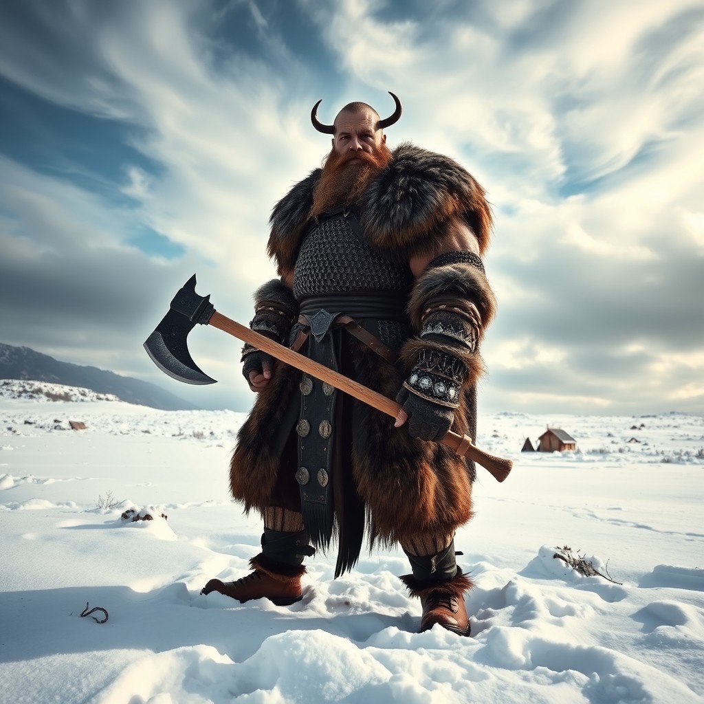 Prompt: a fierce viking warrior standing in a snowy landscape, clad in traditional fur and chainmail armor, wielding a large battle axe. the scene features a dramatic sky with swirling clouds, and the ground is covered in a fresh layer of snow. the composition captures a low angle shot to emphasize the warrior's strength and stature. style: majestic, gritty, adventurous (viking:1.3), (dramatic sky:1.2). - Seed: 357291414, Scale: 7.0, Steps: 40