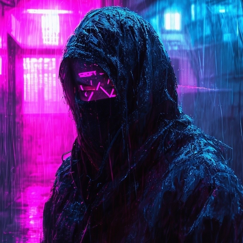 Prompt: Close-up of a cyberpunk prisoner, dark hood covering his face, cybernetic implants on his neck and arms glowing faintly, a mix of worn metal and organic skin, neon reflections from outside casting harsh light on his face, glowing barcode tattoo on his forehead, tired eyes looking up, cold sweat on his face, rain dripping through cracked windows, augmented reality HUD displays flickering, gritty textures, moody atmosphere, high contrast, neon blues and pinks, desaturated with neon accents, cyberpunk noir, focused on character details, futuristic prison cell - Seed: 707106692, Scale: 7.0, Steps: 40