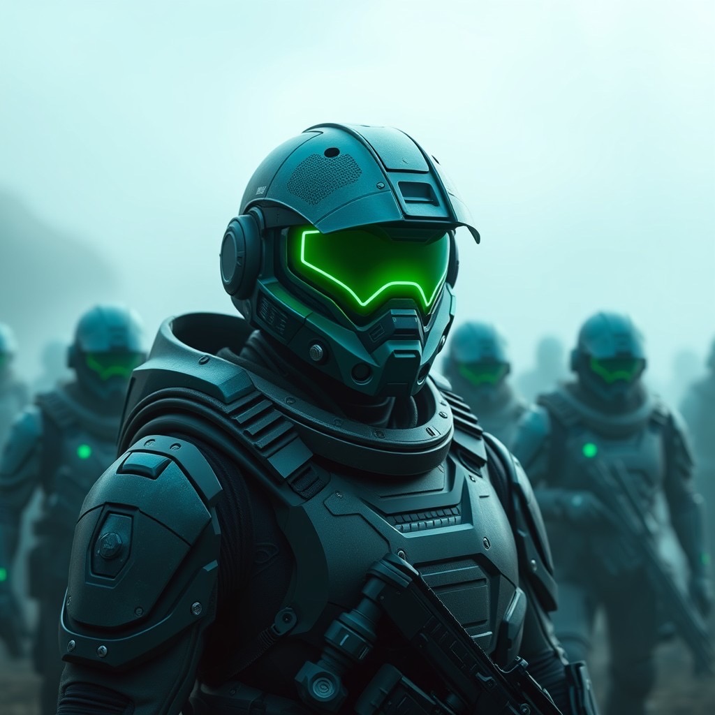 Prompt: A futuristic soldier with a glowing neon green visor on a high-tech helmet, standing at the forefront of a group of armored soldiers in a foggy, dystopian battlefield | cyberpunk military aesthetic | soft teal color palette, atmospheric lighting - Seed: 651228006, Scale: 7.0, Steps: 40