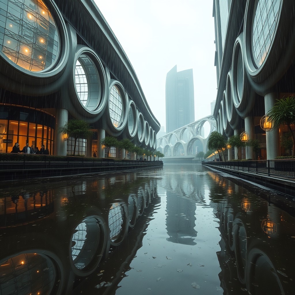 Prompt: rainy reflections in an ancient modern city at daylight: an atmospheric scene featuring monumental ring housing structures with intricate futuristic windows, some revealing people seeking shelter from the rain; the setting is alongside a serene river reflecting the city's essence. lighting: soft natural light complemented by raindrops. camera: panoramic shot with a 35mm lens, low angle view highlighting the grandeur of structures and reflections. style: vibrant and surreal (futuristic windows:1.3), (soft light:1.2), (rainy atmosphere:1.2). - Seed: 342787187, Scale: 7.0, Steps: 40
