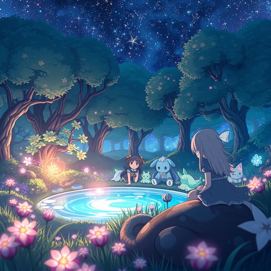 Prompt: a whimsical anime landscape featuring an enchanted forest filled with luminous flora and mystical creatures, under a starry night sky. soft light filters through the trees, casting magical glows on the characters who are gathering around a crystalline pond. camera shot: close-up on the characters' expressions, using a 50mm lens with a low angle for an immersive view. style: ethereal, vibrant, mystical (soft light:1.3), (gossamer:1.2). - Seed: 407830501, Scale: 7.0, Steps: 40