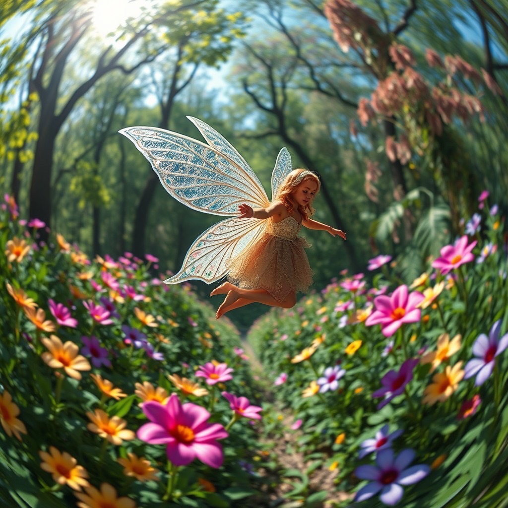 Prompt: a faenara, an enchanted being with mystical fairy-like qualities, flitting gracefully through a sun-drenched enchanted forest filled with vibrant, luminescent flowers. she has shimmering wings that reflect the dappled light, creating a mesmerizing display. the scene is captured with a panoramic shot using a fisheye lens to encompass the lush surroundings. style: whimsical, ethereal, with vibrant colors and intricate details that enhance the magical atmosphere (luminescent:1.3), (fairy-like:1.5). - Seed: 923990492, Scale: 7.0, Steps: 40