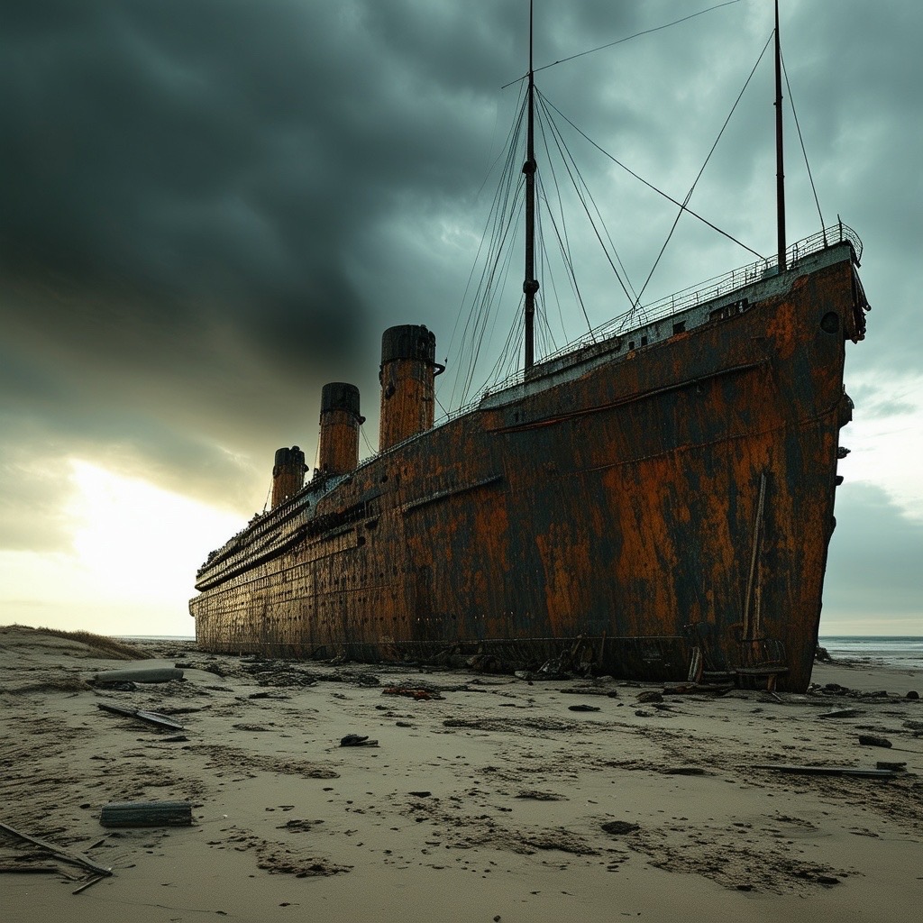 Prompt: a massive, post-apocalyptic warship resembling the titanic, rusted and abandoned on a desolate beach, surrounded by dunes and scattered debris. the sky is overcast with dark, ominous clouds, casting a gritty atmosphere over the scene. soft light filters through the clouds, highlighting the ship's corroded details. shot type: panoramic view, using a wide-angle lens for dramatic effect at low angle. style: dystopian, with surreal textures (rusted details:1.3), (somber mood:1.2), (vibrant yet muted colors:1.1). - Seed: 734298086, Scale: 7.0, Steps: 40