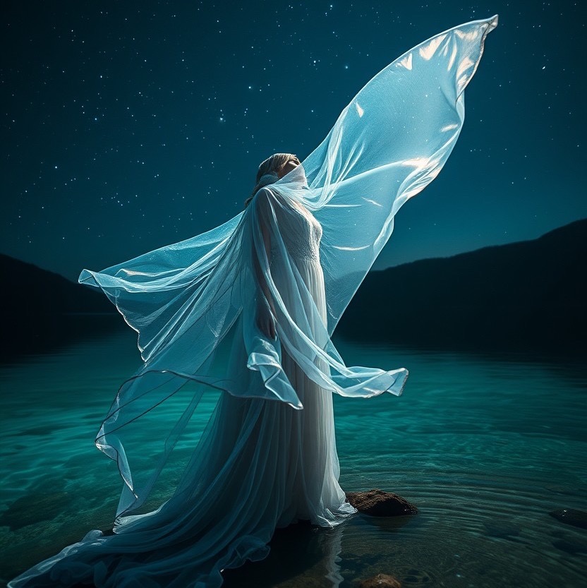 Prompt: veiloria, an enchanting and mysterious figure draped in flowing, iridescent garments that hint at hidden depths, stands at the edge of a crystal-clear lake under a starlit sky. the scene is illuminated by soft, shimmering light that creates an otherworldly atmosphere. a low angle shot using a 35mm lens captures her gaze as she gazes into the water, reflecting the stars. style: ethereal, arcane, rich in intricate details that evoke a sense of magic and allure (shimmering light:1.3), (mysterious aura:1.5). - Seed: 506663687, Scale: 7.0, Steps: 40