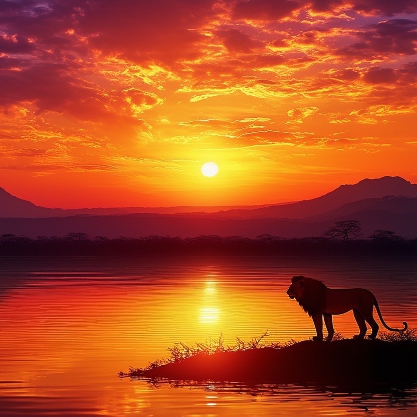 Prompt: A breathtaking sunset over a tranquil landscape, with a vibrant sky ablaze with fiery hues of orange, crimson, and gold. The setting sun casts long shadows across the scene, creating a dramatic interplay of light and shadow. The composition follows the rule of thirds, with the setting sun positioned off-center. The scene is enhanced by a silhouette of a lone lion, a distant mountain range, and a tranquil lake reflecting the sunset's glow. --ar 16:9 --s 150 --c 5 --v 6.1 --p 5dtv3qk - Seed: 367833052, Scale: 7.0, Steps: 40