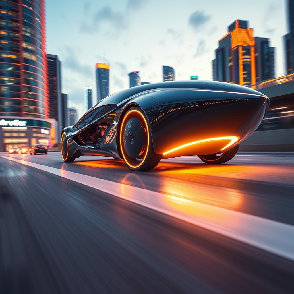 Prompt: a velovian vehicle, sleek and elegant, characterized by swift, flowing lines, set against a futuristic cityscape at dusk, with soft, ambient neon lighting reflecting off its surface. the shot is a low angle view showcasing the vehicle in motion, captured with a 50mm lens to emphasize its aerodynamic design. style: hyper-realistic, vibrant, showcasing intricate details and a sense of speed (neon lighting:1.3), (sleek design:1.5). - Seed: 657565308, Scale: 7.0, Steps: 40