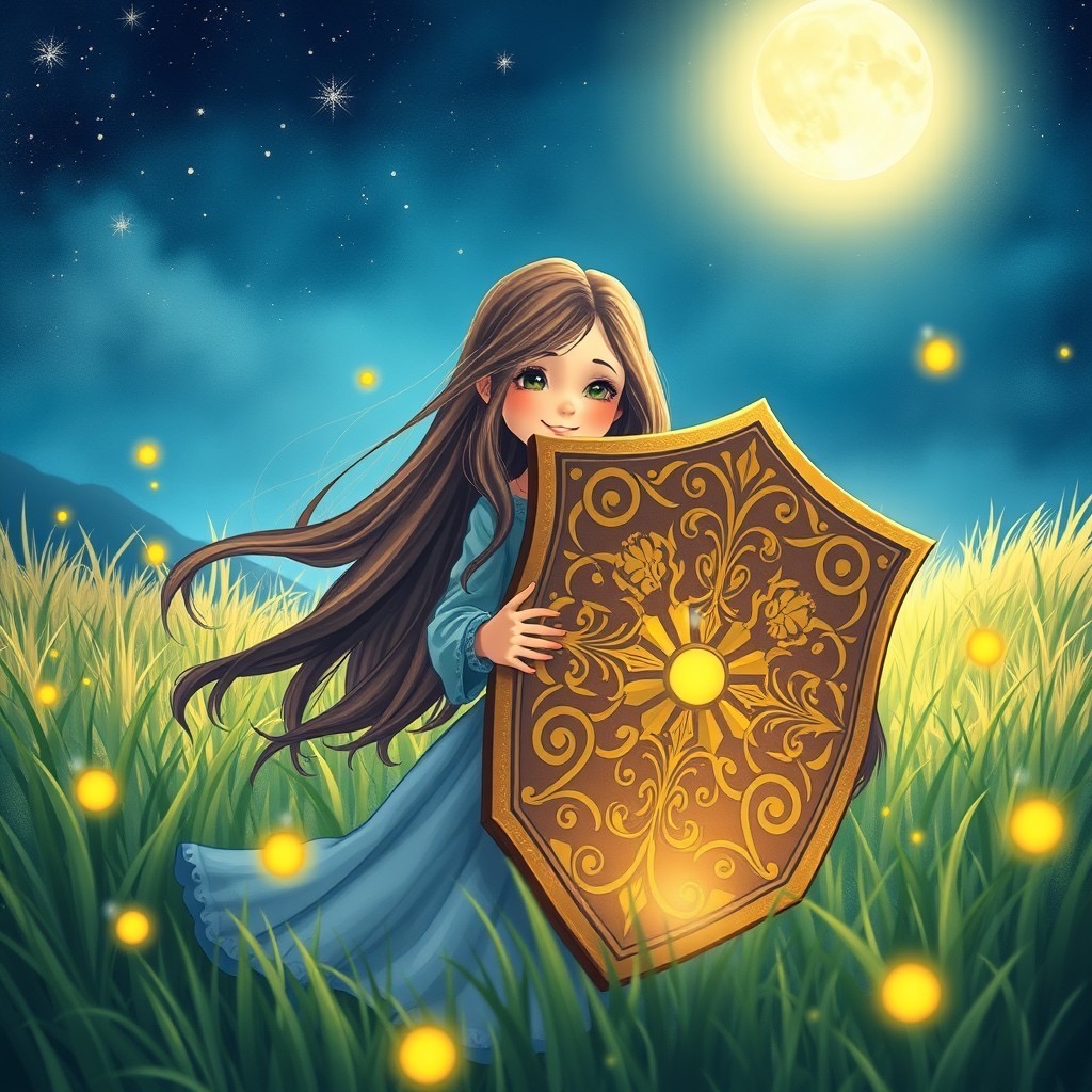 Prompt: a serene outdoor scene depicting a girl with long flowing hair holding a large, ornate shield, gently saying good night under a starlit sky. the environment features soft grass illuminated by the moonlight, with fireflies dancing around her. the camera shot is a medium close-up, capturing her warm smile and the intricate design of the shield. style: whimsical, vibrant, ethereal (moonlight:1.2), (fireflies:1.3). - Seed: 730171355, Scale: 7.0, Steps: 40