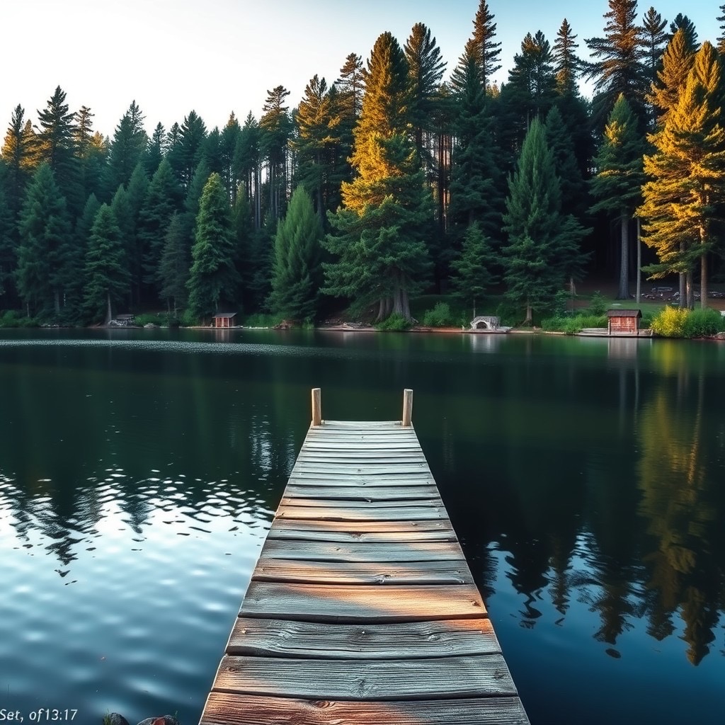 Prompt: a peaceful lake surrounded by dense pine trees, featuring a rustic wooden dock extending into the calm water. the scene is set during soft light at sunset, casting warm reflections on the lake's surface. the composition includes a panoramic shot capturing the serenity of nature and the vibrant greenery of the pine trees. style: serene, naturalistic, tranquil (soft light:1.3), (serenity:1.2). - Seed: 908332715, Scale: 7.0, Steps: 40