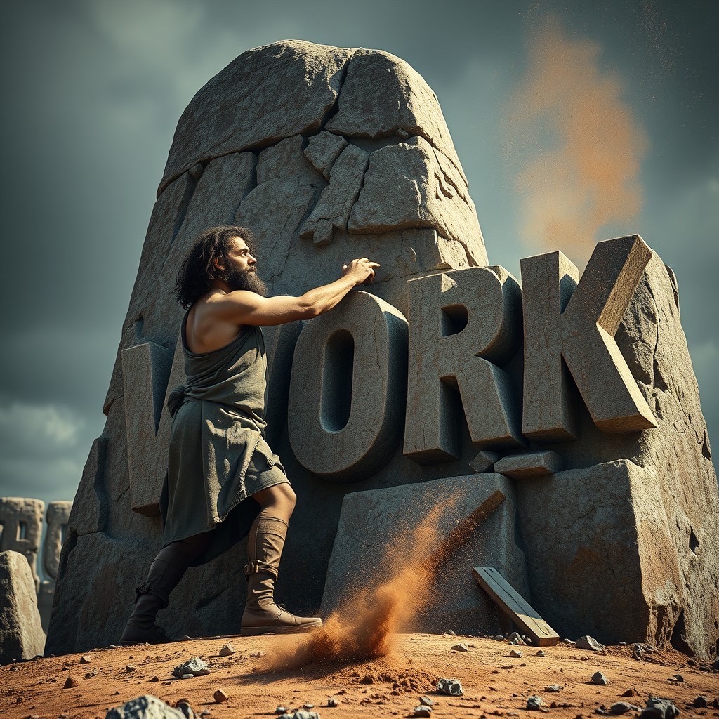 Prompt: A strong man with a beard wearing a tunic, sculpting the text Work on a massive menhir | realistic, epic adventure style | dramatic lighting | stone debris and dust in the air | detailed textures and earthy tones | cinematic, photorealistic composition - Seed: 248479858, Scale: 7.0, Steps: 40