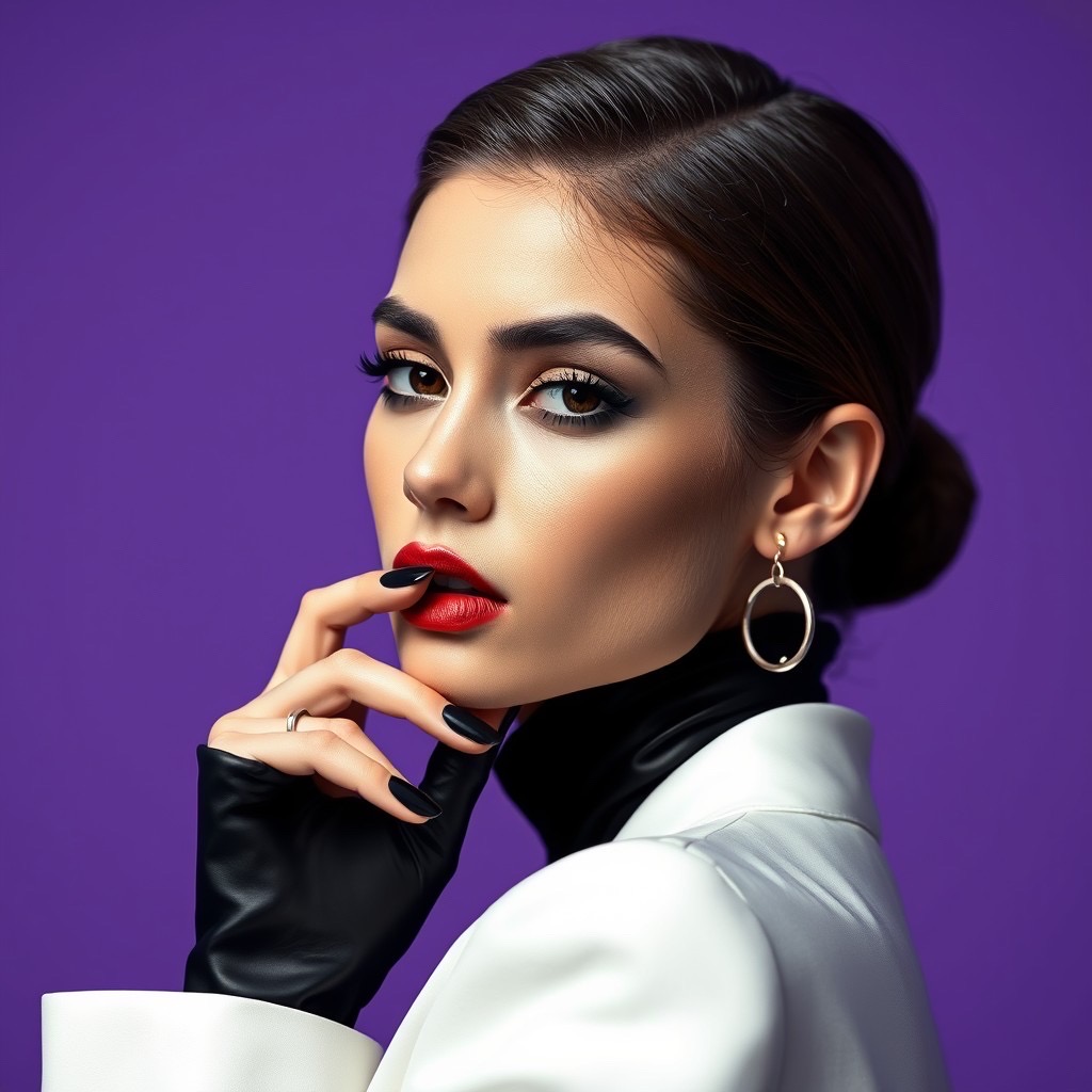 Prompt: authentic shots of a top model posing against a vibrant purple background, showcasing exquisite details and mixed textures of black and white. the fashion is high-end luxury, featuring gloss and matte elements, with simple and crisp hairstyles. highlight the designs of luxury brands in the style of karl lagerfeld. capturing a stylish and high-end atmosphere, the shot is a close-up with a 50mm lens, emphasizing the intricate details and textures. style: elegant, sophisticated, vibrant (purple background:1.3), (luxury fashion:1.2). - Seed: 957612678, Scale: 7.0, Steps: 40