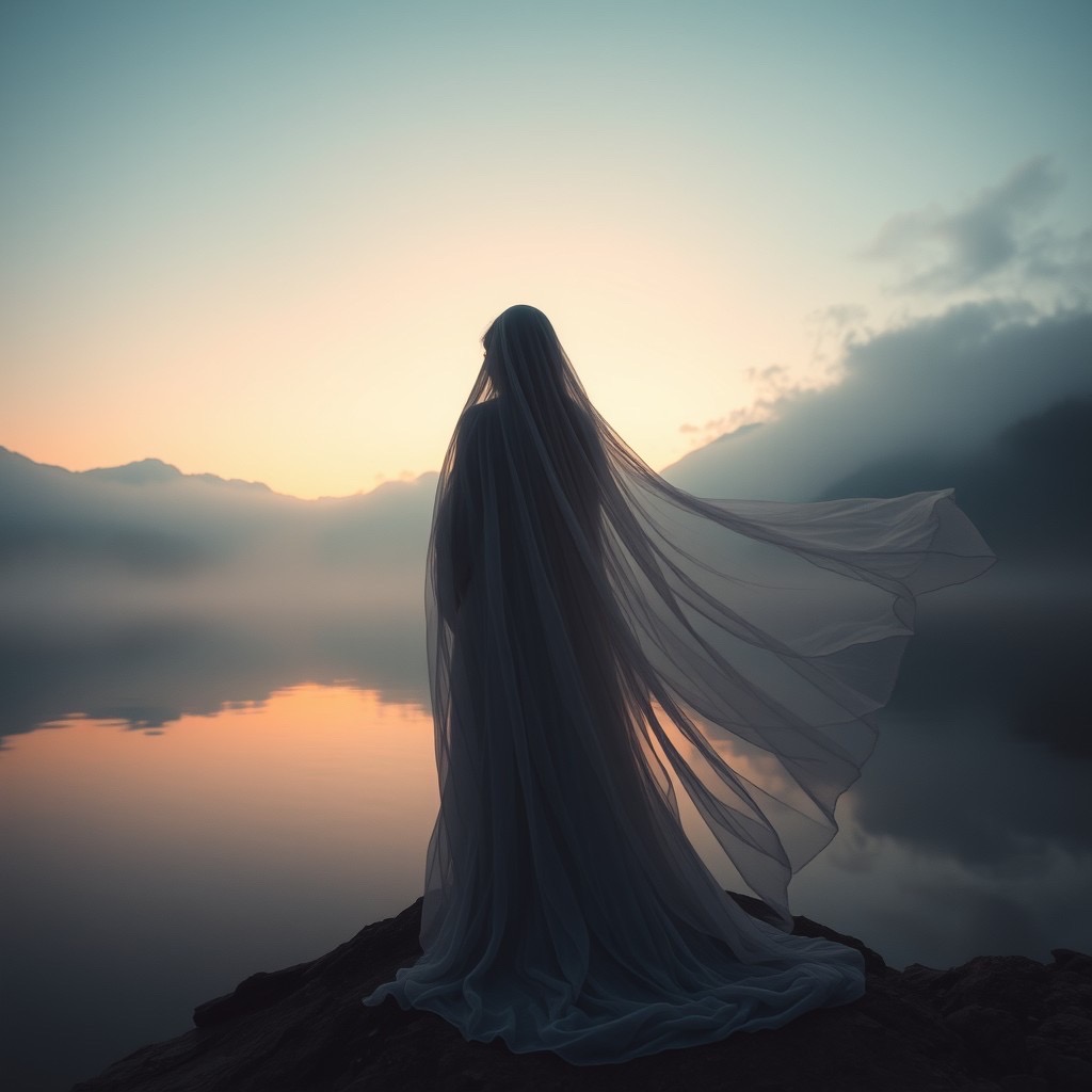 Prompt: veiloria, an enchanting and mysterious figure cloaked in flowing, translucent fabric that shimmers with hidden depths, stands at the edge of a tranquil lake surrounded by misty mountains at twilight. the scene is illuminated by soft, enchanting light that creates a surreal atmosphere. a high angle shot using a 24mm lens captures her contemplative pose, reflecting on the lake?s still surface. style: arcane, mystical, with layers of intricate details that evoke wonder (soft light:1.3), (mysterious aura:1.5). - Seed: 686718574, Scale: 7.0, Steps: 40