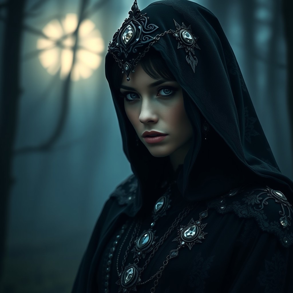 Prompt: a mystiqueen, embodied as an enigmatic and regal figure, cloaked in intricate, dark robes adorned with shimmering gemstones, standing in a misty, moonlit forest. the scene is illuminated by ethereal, soft lighting that accentuates her majestic presence. shot with a close-up view using a 35mm lens to capture her piercing gaze and enigmatic expression. style: mystical, gossamer, with a hazy background that enhances the sense of mystery (soft lighting:1.2), (regal posture:1.4). - Seed: 31782889, Scale: 7.0, Steps: 40