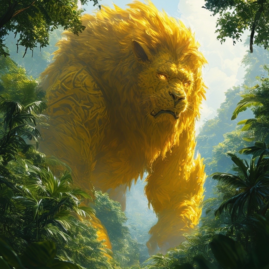 Prompt: a gigantic yellow beast: towering over a vibrant jungle, with thick foliage surrounding it, sunlight filtering through the leaves creating a dappled effect on its colossal form. the beast has intricate patterns on its skin, glowing softly in the warm light. camera shot: low angle, 24mm wide lens, emphasizing its massive height against the sky. style: whimsical and vibrant (jungle:1.2), (gigantic:1.5), (majestic:1.3). - Seed: 233117924, Scale: 7.0, Steps: 40