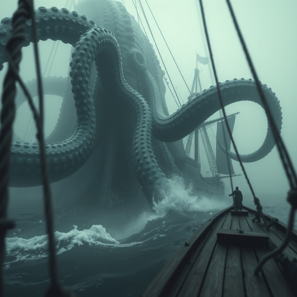 Prompt: A massive kraken with enormous tentacles emerging from the water, attacking pirate ship | foggy atmosphere with muted lighting | detailed textures on the kraken's suction cups and the ship's wooden planks | cinematic, dramatic composition - Seed: 295314086, Scale: 7.0, Steps: 40