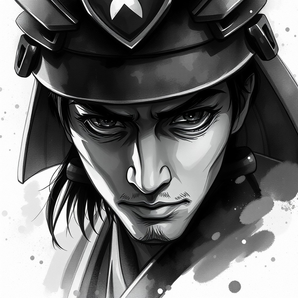 Prompt: a samurai hero depicted in a dramatic black and white portrait, utilizing underexposure for a moody effect. the imagery features elements of algeapunk, with soft lighting enhancing the depth and emotion. embrace scoutcore aesthetics, combining modern and historical influences, illustrated in a watercolorist style. the composition captures the samurai's strong emotional impact, using a close-up shot to focus on facial expressions, with a subtle textured background. style: emotional, striking, ethereal (black and white:1.3), (dramatic lighting:1.2). - Seed: 518636783, Scale: 7.0, Steps: 40