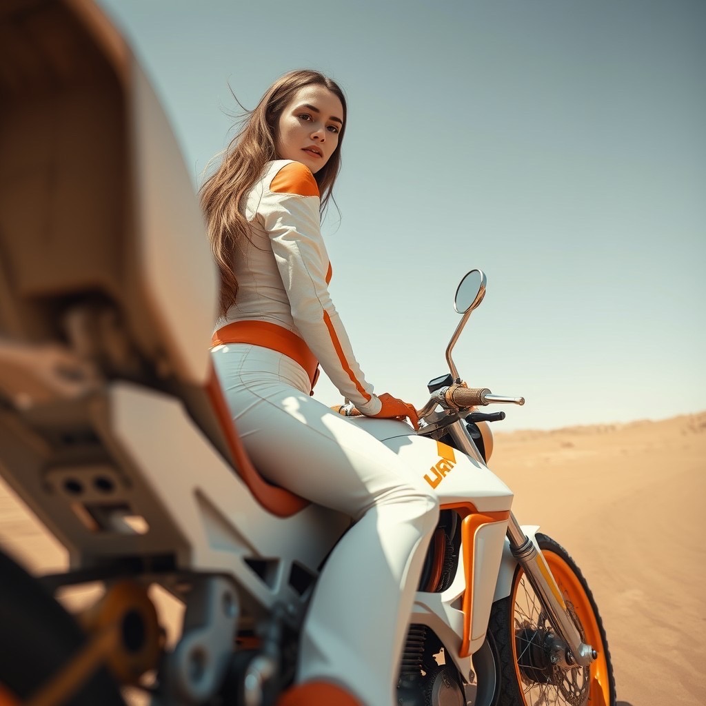 Prompt: wild angle photo of one women, large shot, close from a futuristic motor bike in teh desert wearing white and orange clothing, in the style of futuristic contraptions, detailed attention to costume and fashion, bold colorism, subtle, earthy tones, made of rubber, celestial - Seed: 153005071, Scale: 7.0, Steps: 40