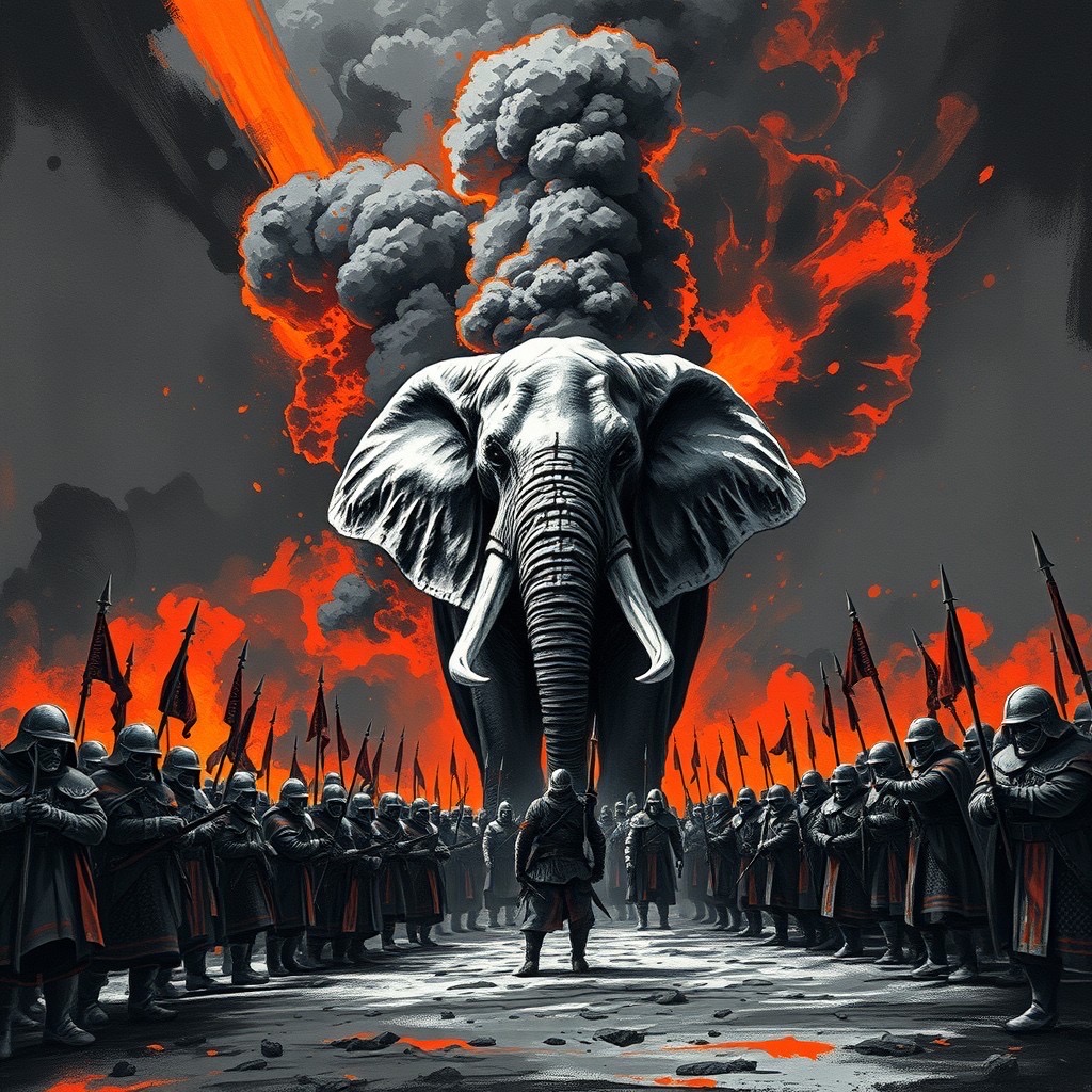 Prompt: an army stands boldly in front of a giant elephant, ink illustrated in black and white. black smoke rises dramatically from behind the elephant, accentuated by fiery orange highlights. the dark atmosphere is charged with energy, creating an epic fantasy scene. imagery features textured oil painting strokes with vibrant colors (fantasy ambiance:1.3), captured in a dynamic low-angle shot using a 50mm lens. style: vivid, energetic, dramatic. - Seed: 804686593, Scale: 7.0, Steps: 40