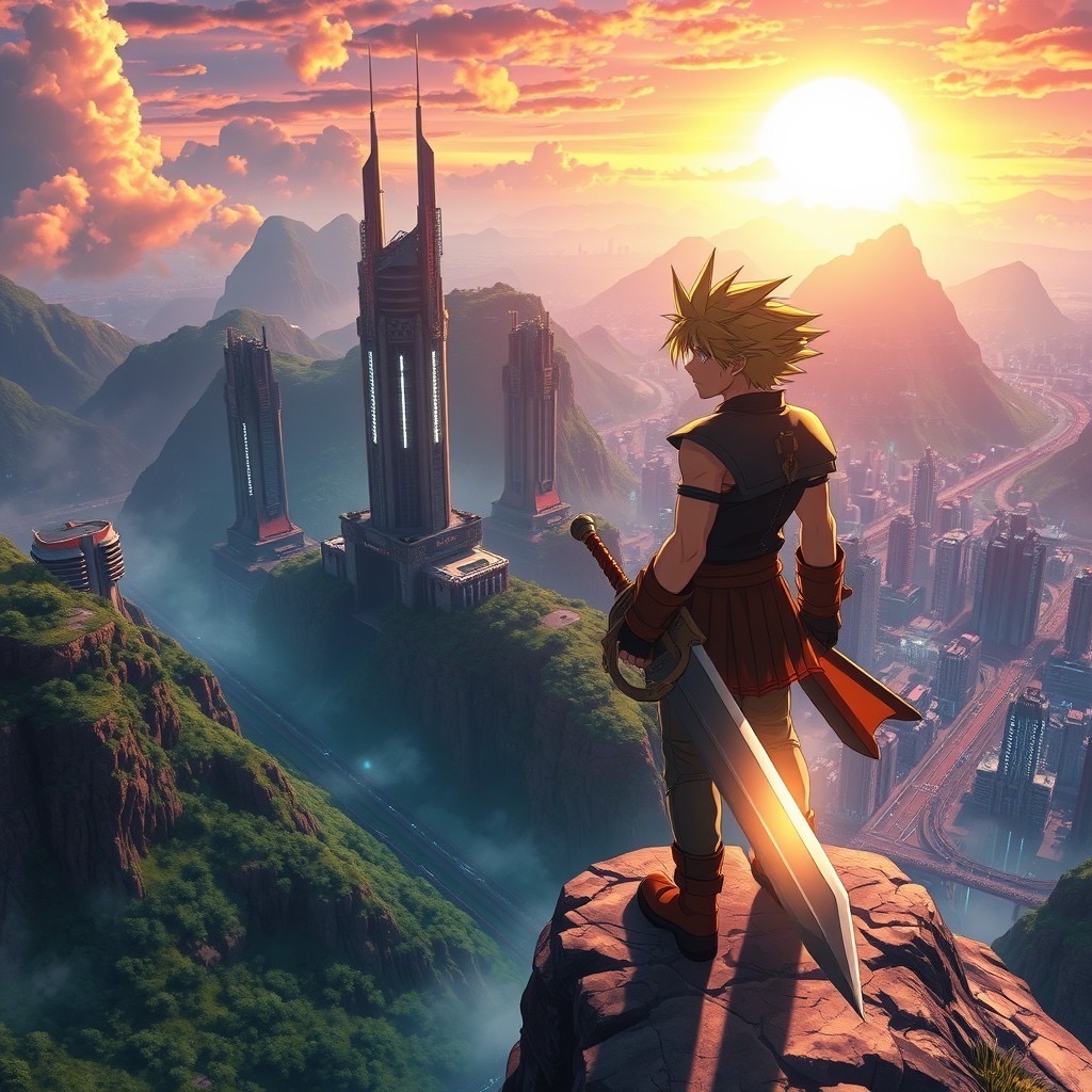 Prompt: a dynamic scene inspired by final fantasy vii: cloud strife standing on a cliff overlooking a futuristic city, the sun setting in a blaze of colors (vibrant:1.2). the environment features towering skyscrapers with neon lights, surrounded by lush green mountains (kaleidoscopic:1.1). soft diffused light highlights cloud's spiky blond hair and iconic buster sword, while a low angle shot captures his heroic stance (low angle:1.3), shot with a 50mm lens. style: ethereal and majestic, reminiscent of anime artwork. - Seed: 30984366, Scale: 7.0, Steps: 40