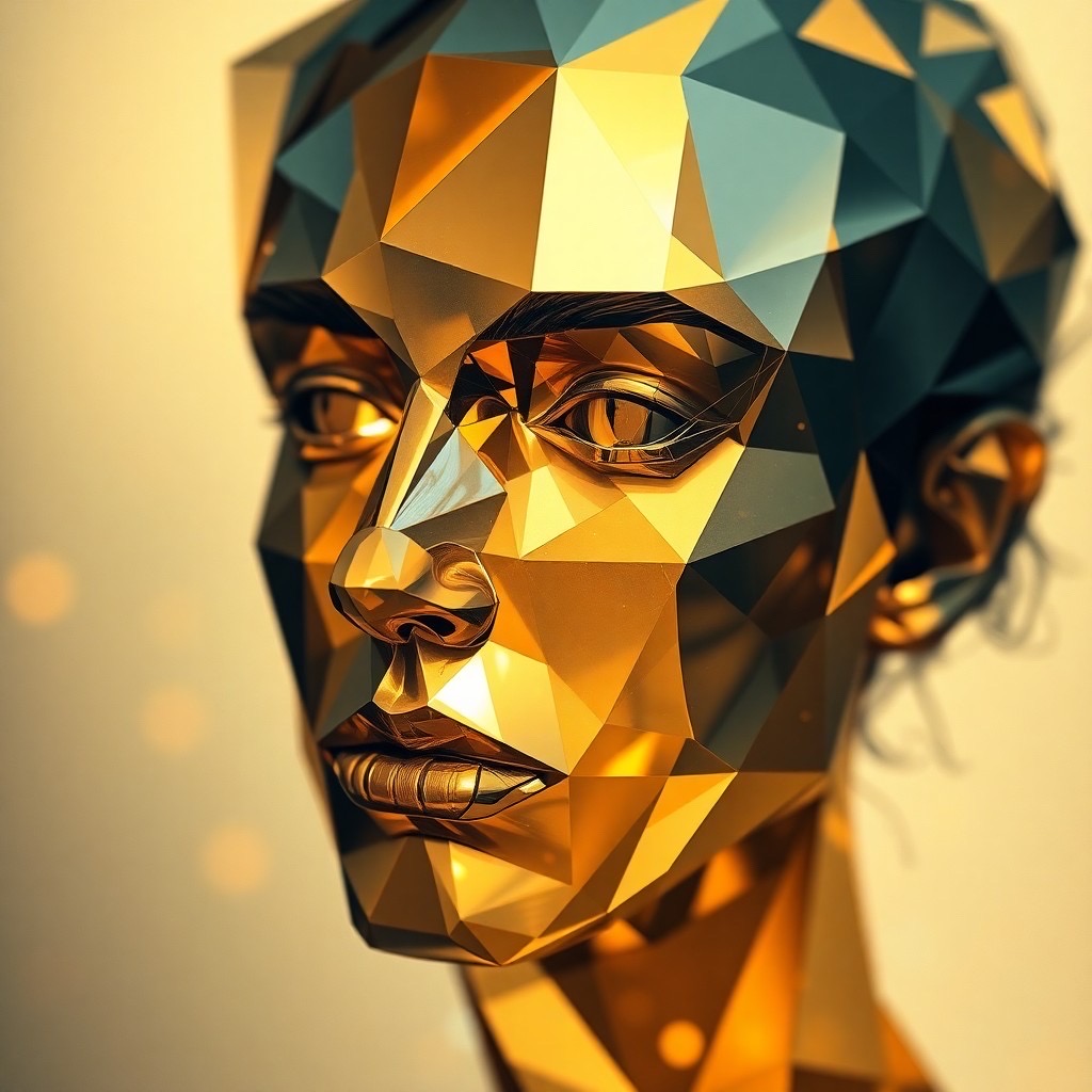 Prompt: a prismatic geometric collage of a human face, composed of overlapping shapes and facets in an abstract style. the collage features a spectrum of gold and silver (gold:1.3), (silver:1.3) used to create depth and visual complexity, set against a soft-focus background with warm lighting. camera shot: close-up using a 50mm lens with a high angle view, capturing intricate details and the interplay of reflective surfaces. style: raw, emphasizing the artistic chaos and surreal essence. - Seed: 192373014, Scale: 7.0, Steps: 40