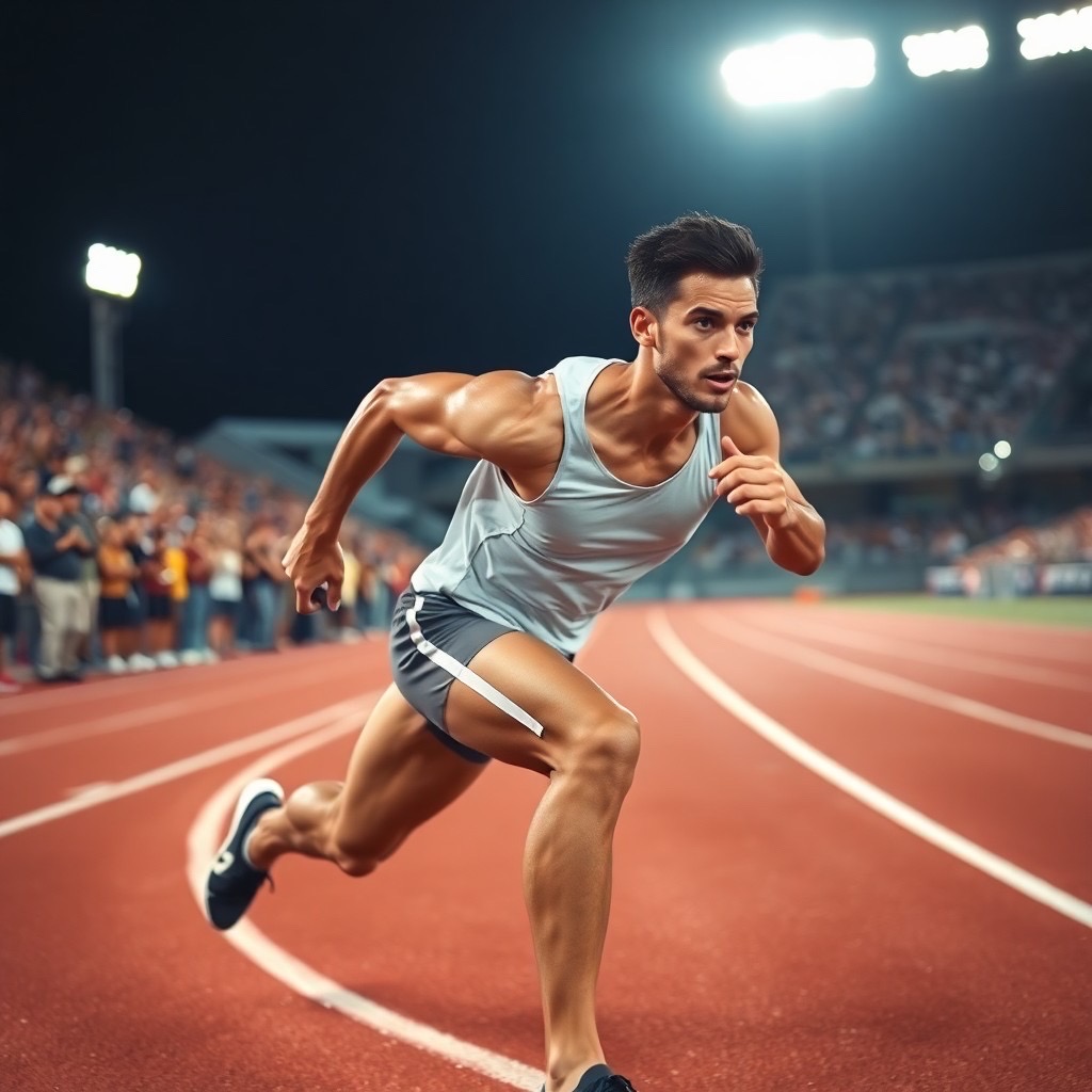 Prompt: a powerful athlete sprinting on an outdoor track, muscles defined and focused intensity reflected in their expression as they push towards the finish line under bright stadium lights. surrounding spectators blur in the background, emphasizing the athlete's speed. camera shot type: close-up, 85mm lens, capturing the details of exertion and determination. style: dynamic and energetic (sprinting athlete:1.3), (bright stadium lights:1.2), (intense determination:1.2). - Seed: 971859589, Scale: 7.0, Steps: 40