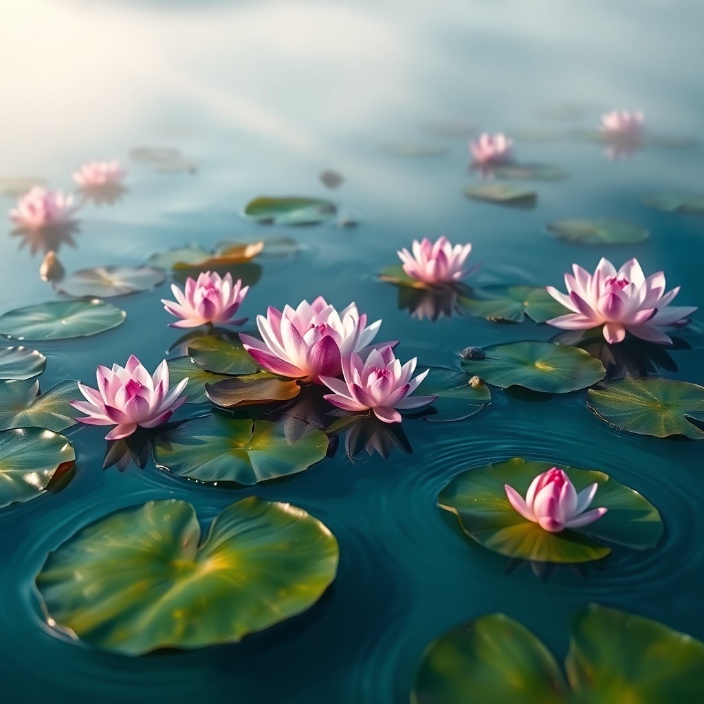 Prompt: an enchanting water land landscape with vibrant lily pads and blooming lotus flowers floating on serene aquamarine waters. a gentle mist covers the surface, reflecting the soft glow of dawn light. camera shot type: close-up, 85mm lens, emphasizing the intricate details of the flowers and water ripples. style: mystical and serene (lily pads:1.3), (dawn light:1.2), (ethereal ambiance:1.2). - Seed: 122171372, Scale: 7.0, Steps: 40